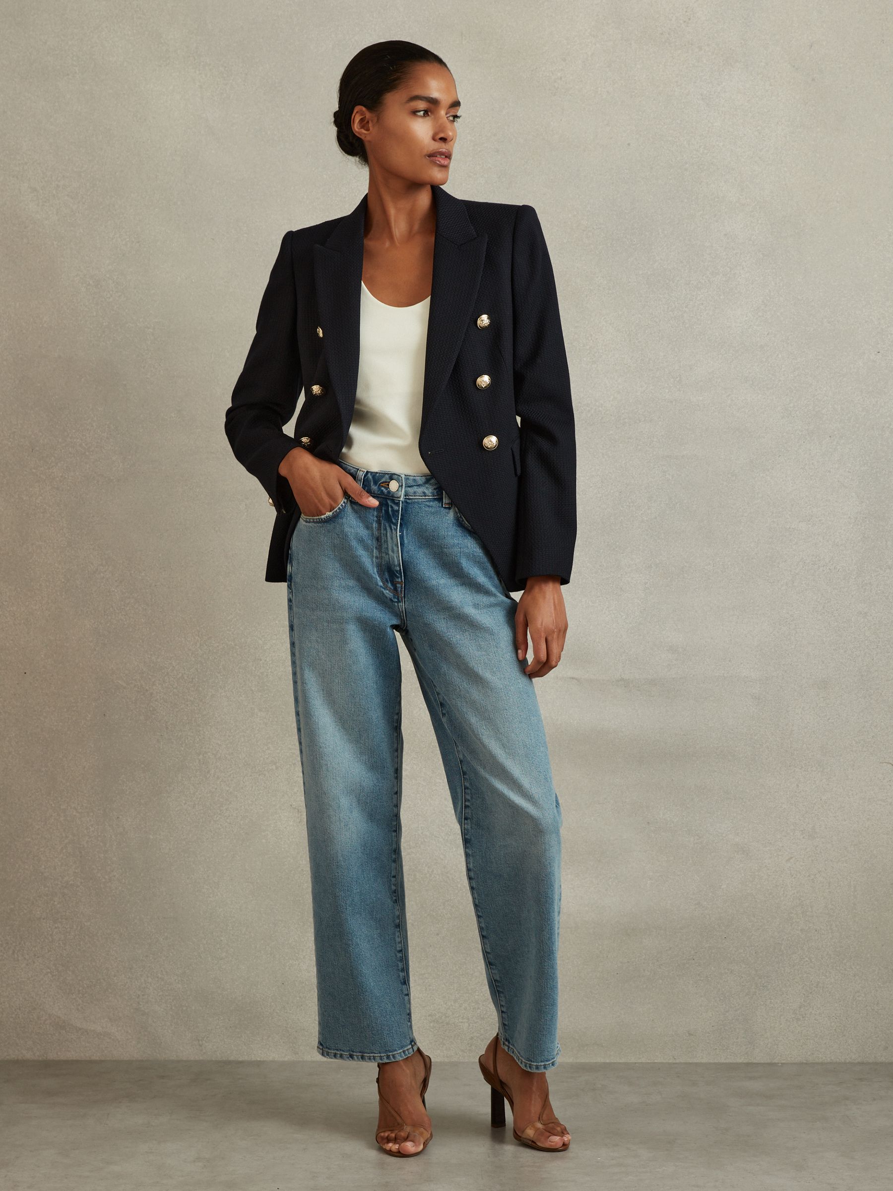 Tailored Fit Textured Double Breasted Blazer in Navy