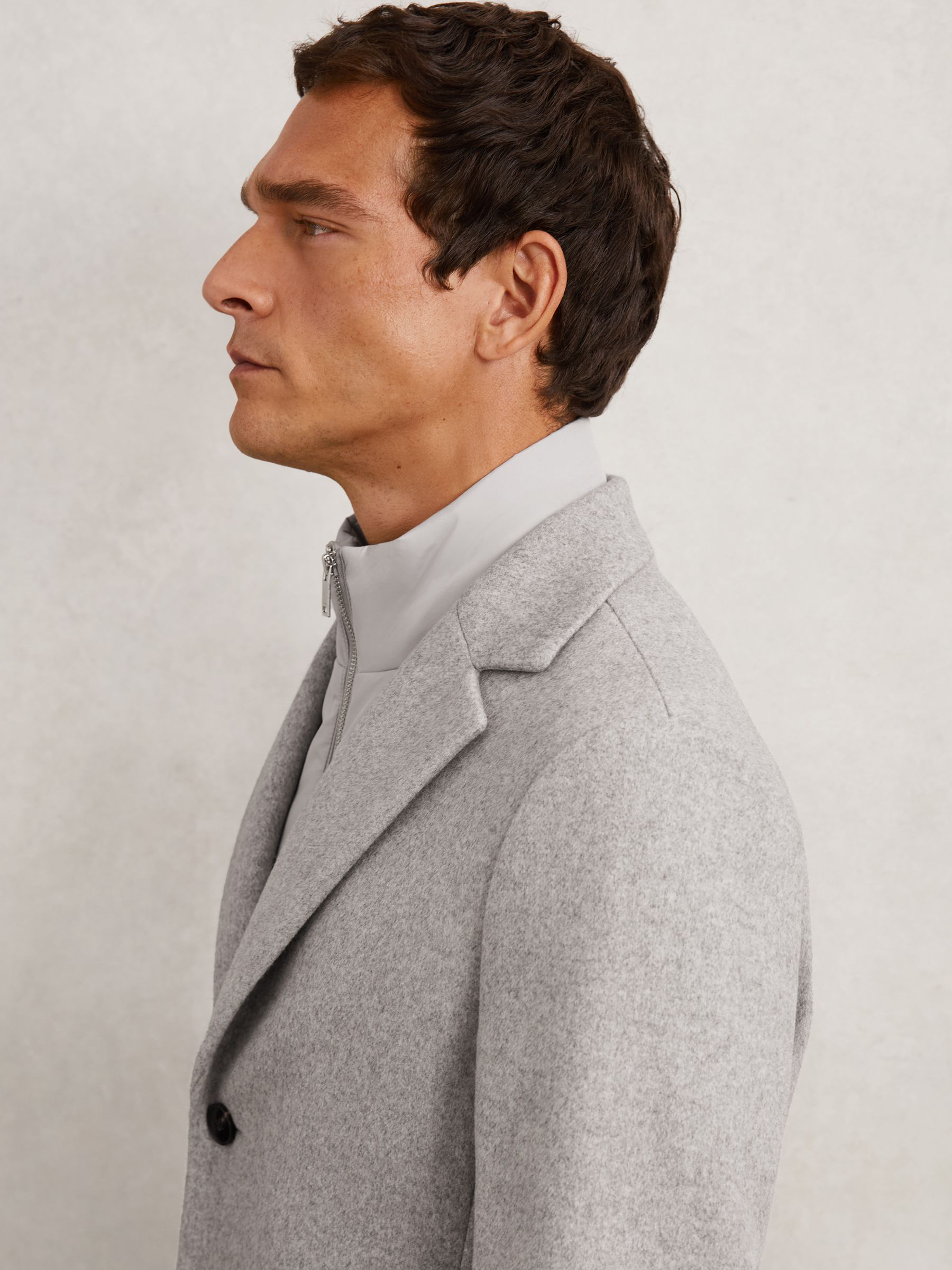 Wool-Blend Internal-Gilet Overcoat in Soft Grey