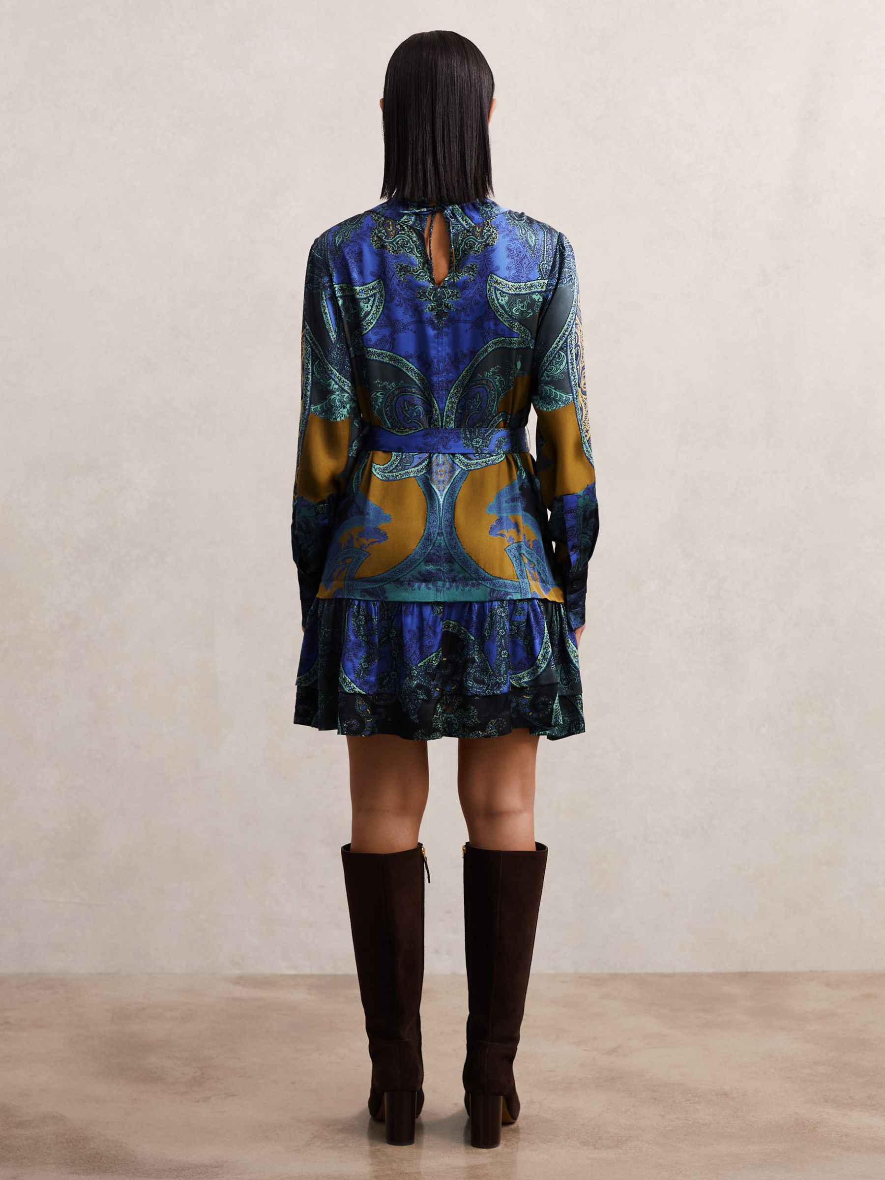 Paisley-Print Belted Mini Dress in Blue