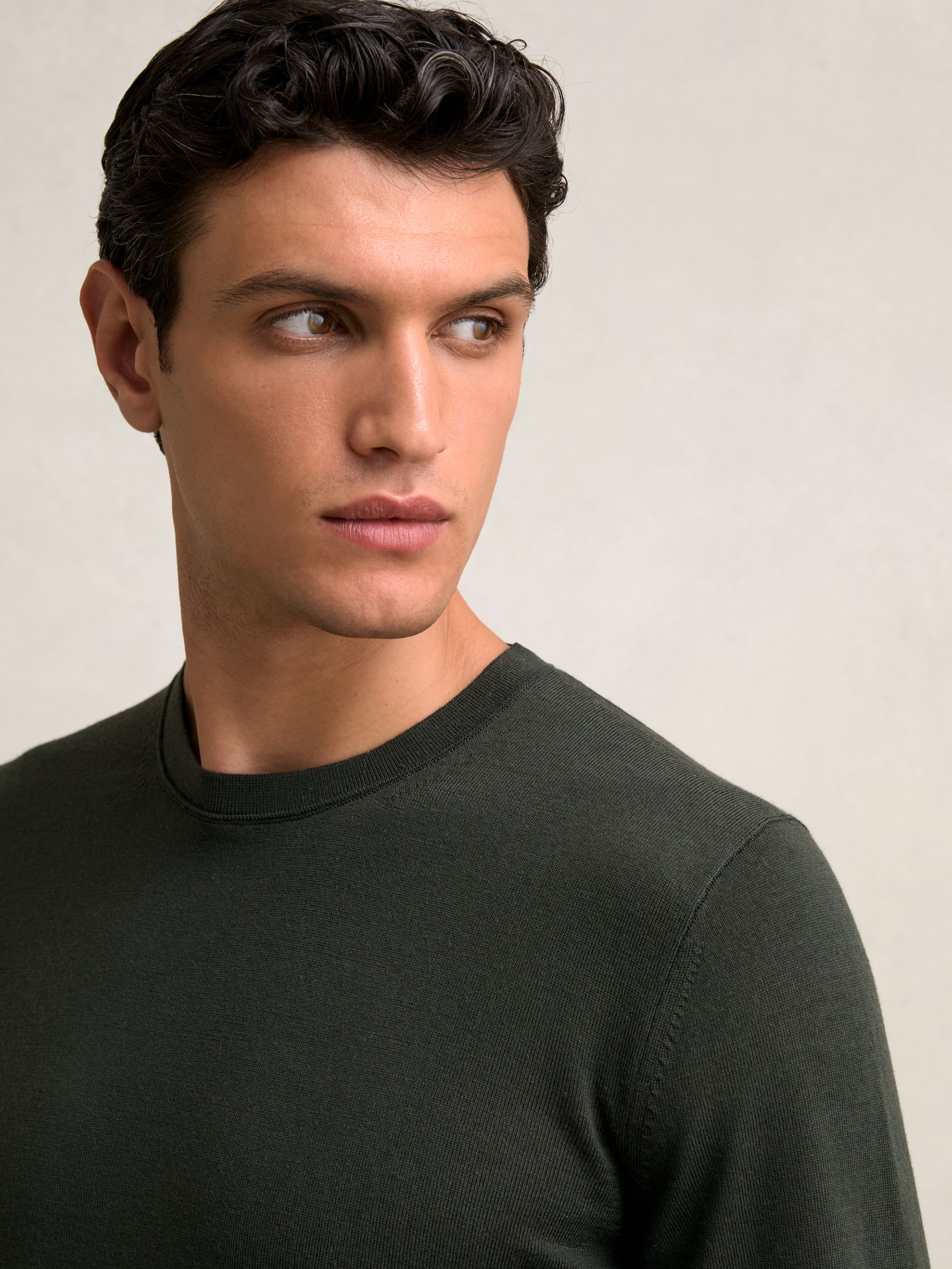 Merino Wool Crew Neck Jumper in Dark Military Green