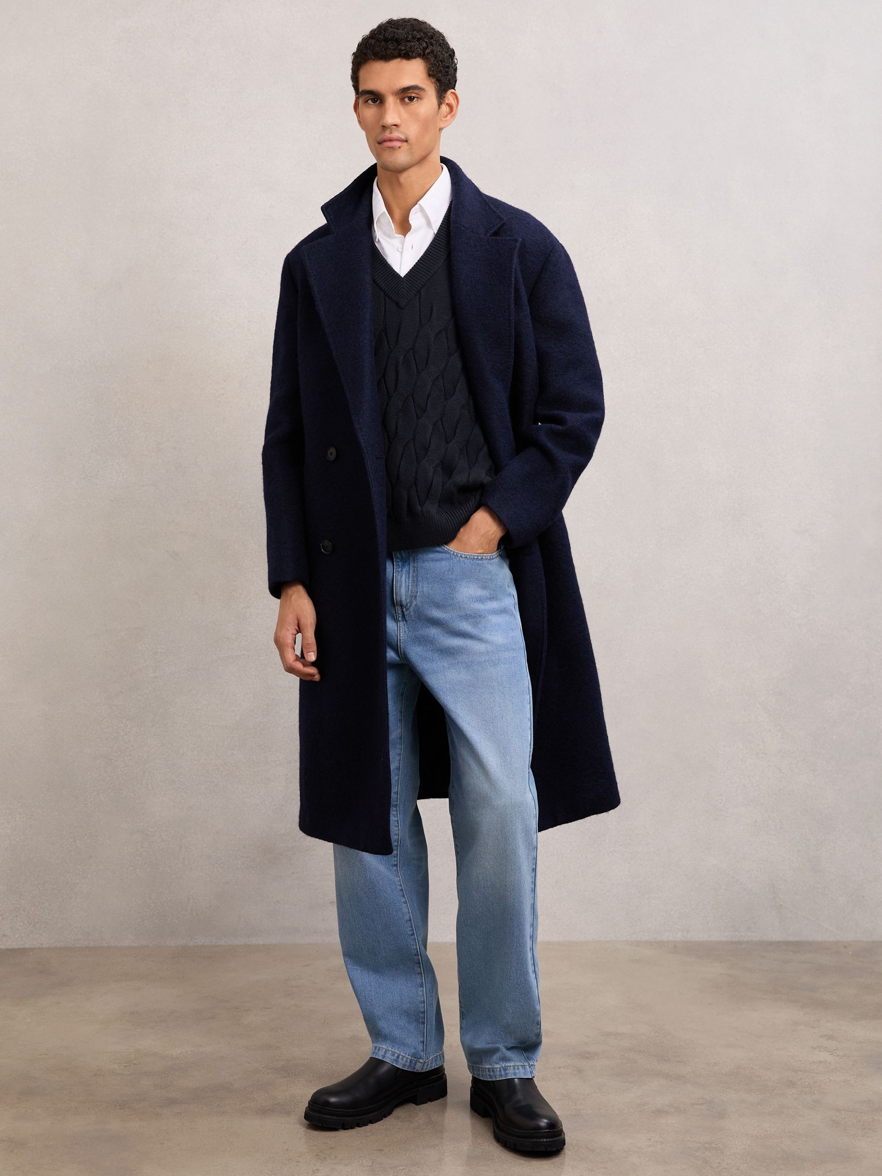 Cable-Knit V-Neck Vest with Wool in Navy