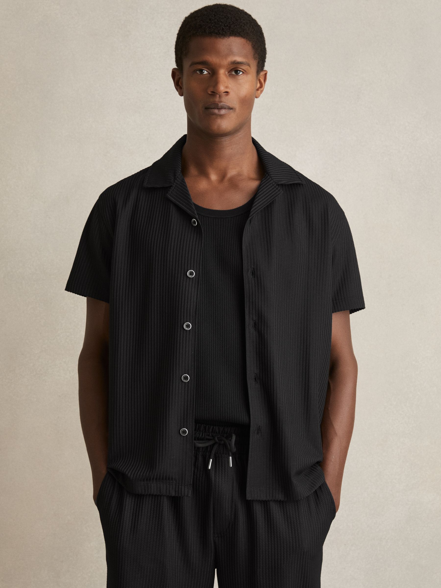 Textured-Knit Cuban-Collar Shirt in Black