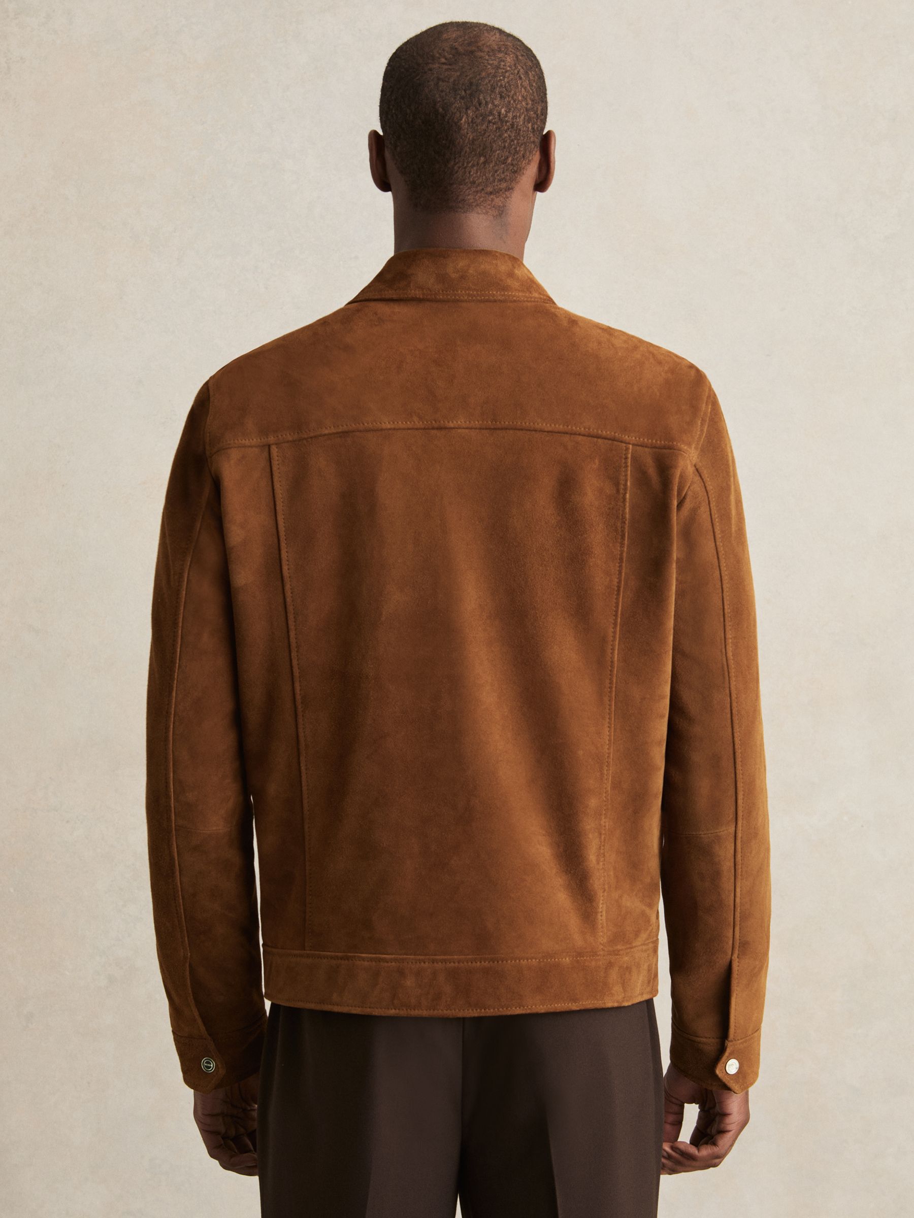 Suede Press Stud Trucker Jacket in Tobacco Brown