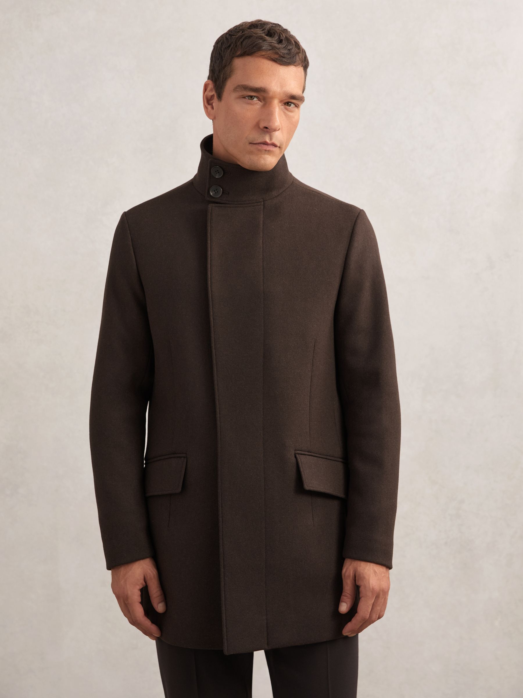Wool-Blend Stand-Collar Coat in Brown