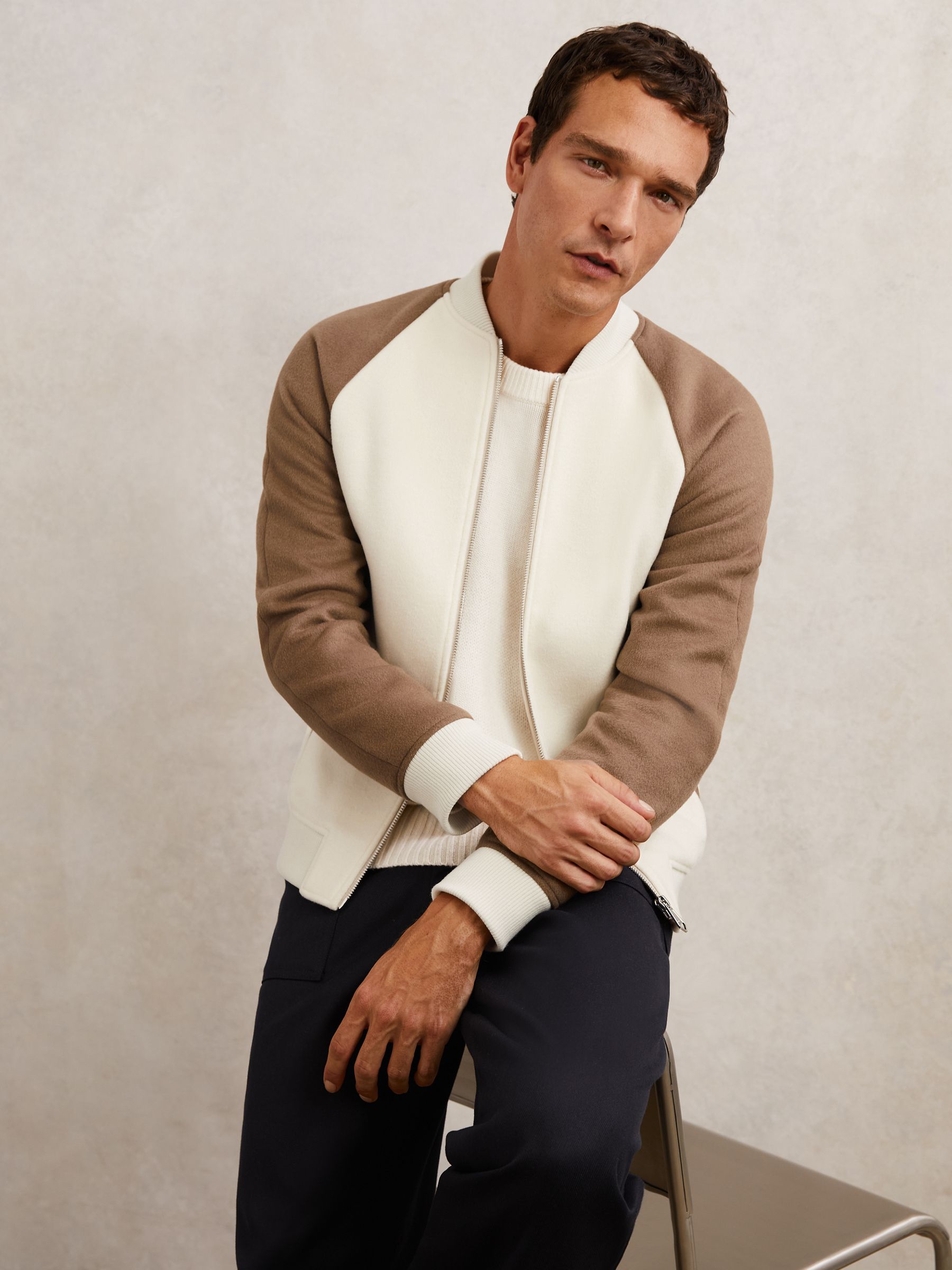 Wool-Blend Colour-Block Bomber Jacket in Off White/Oatmeal