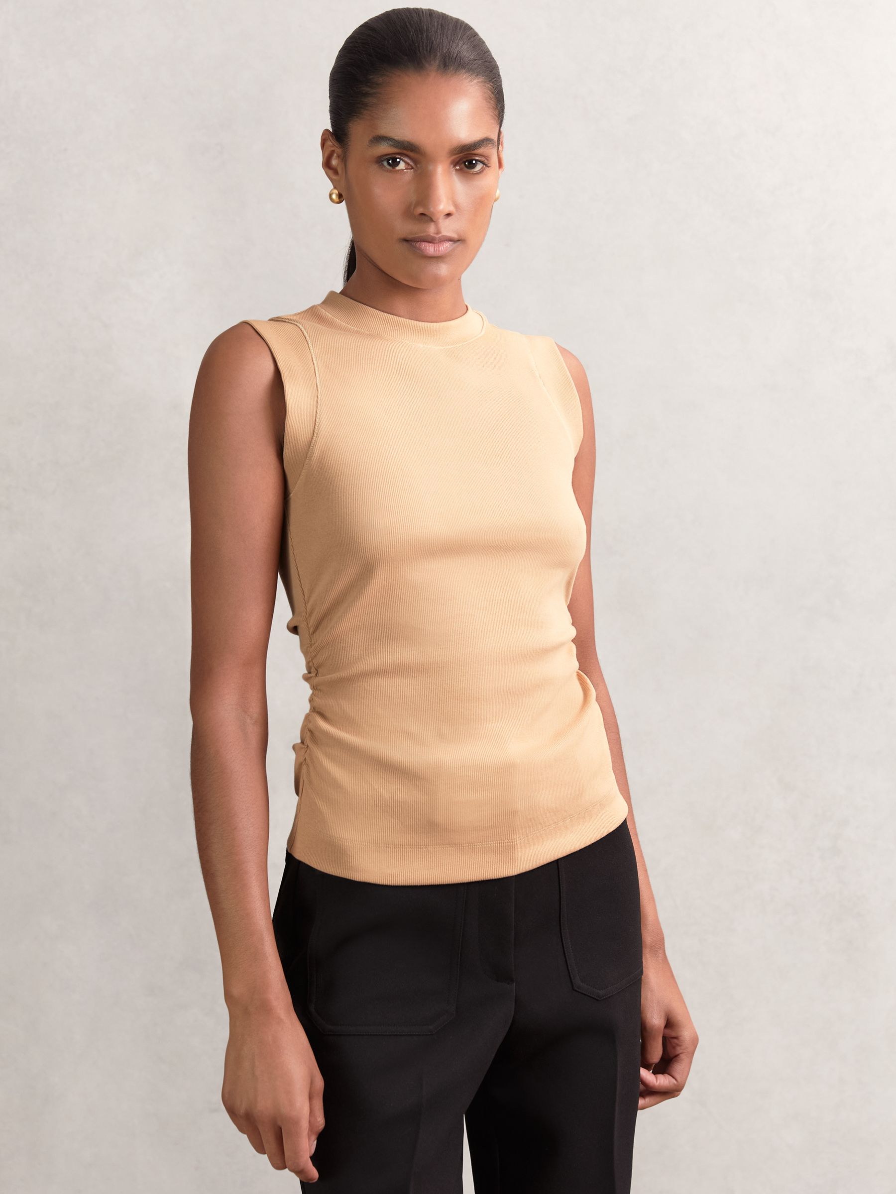 Fine-Rib Ruched Vest Top in Camel