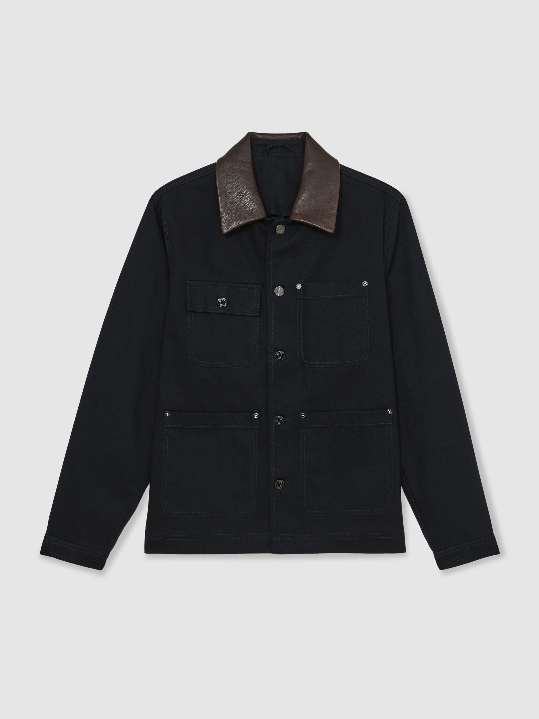 Denim Leather-Collar Worker Jacket in Indigo Blue