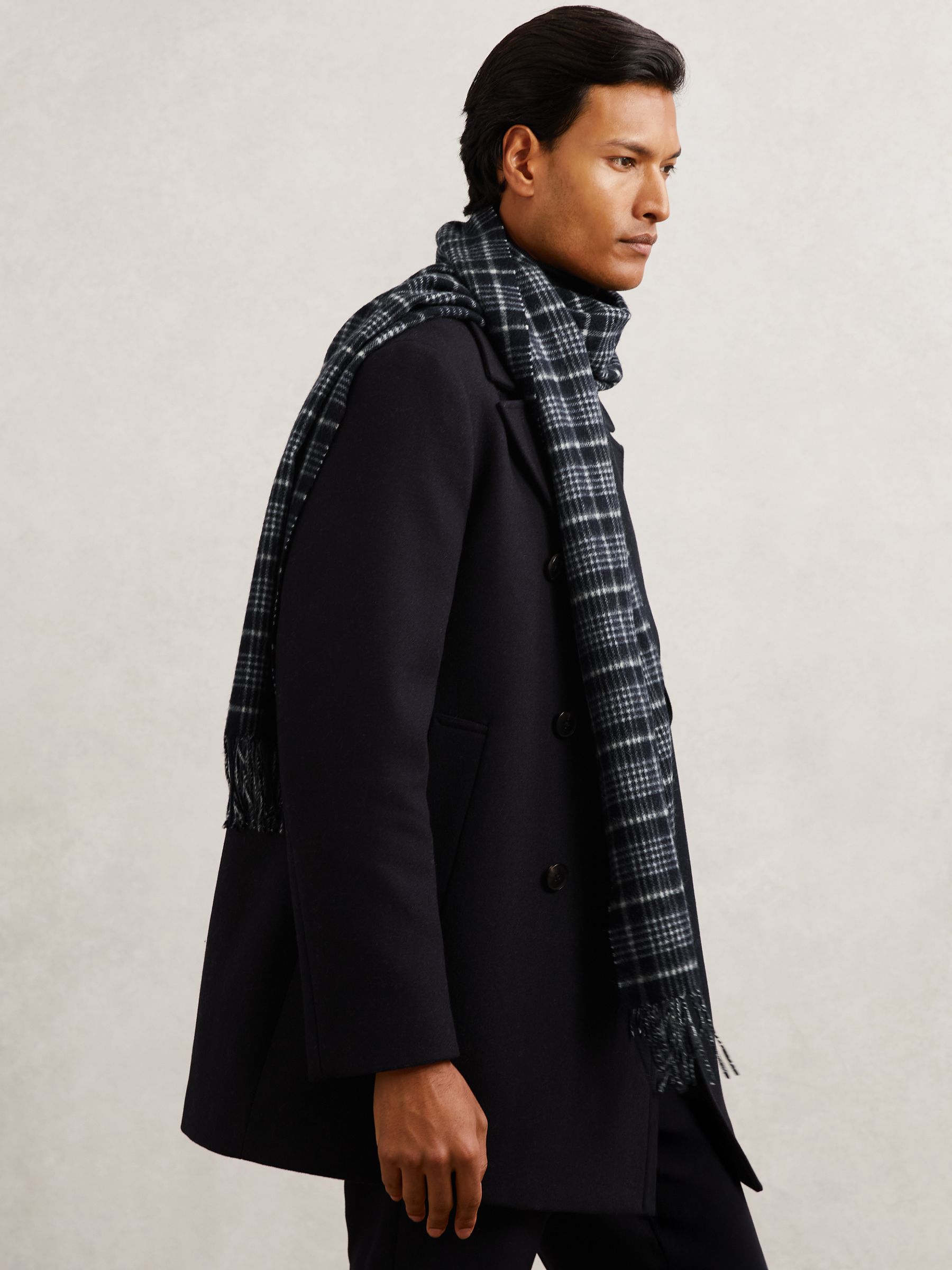 Wool-Cashmere Check Scarf in Navy