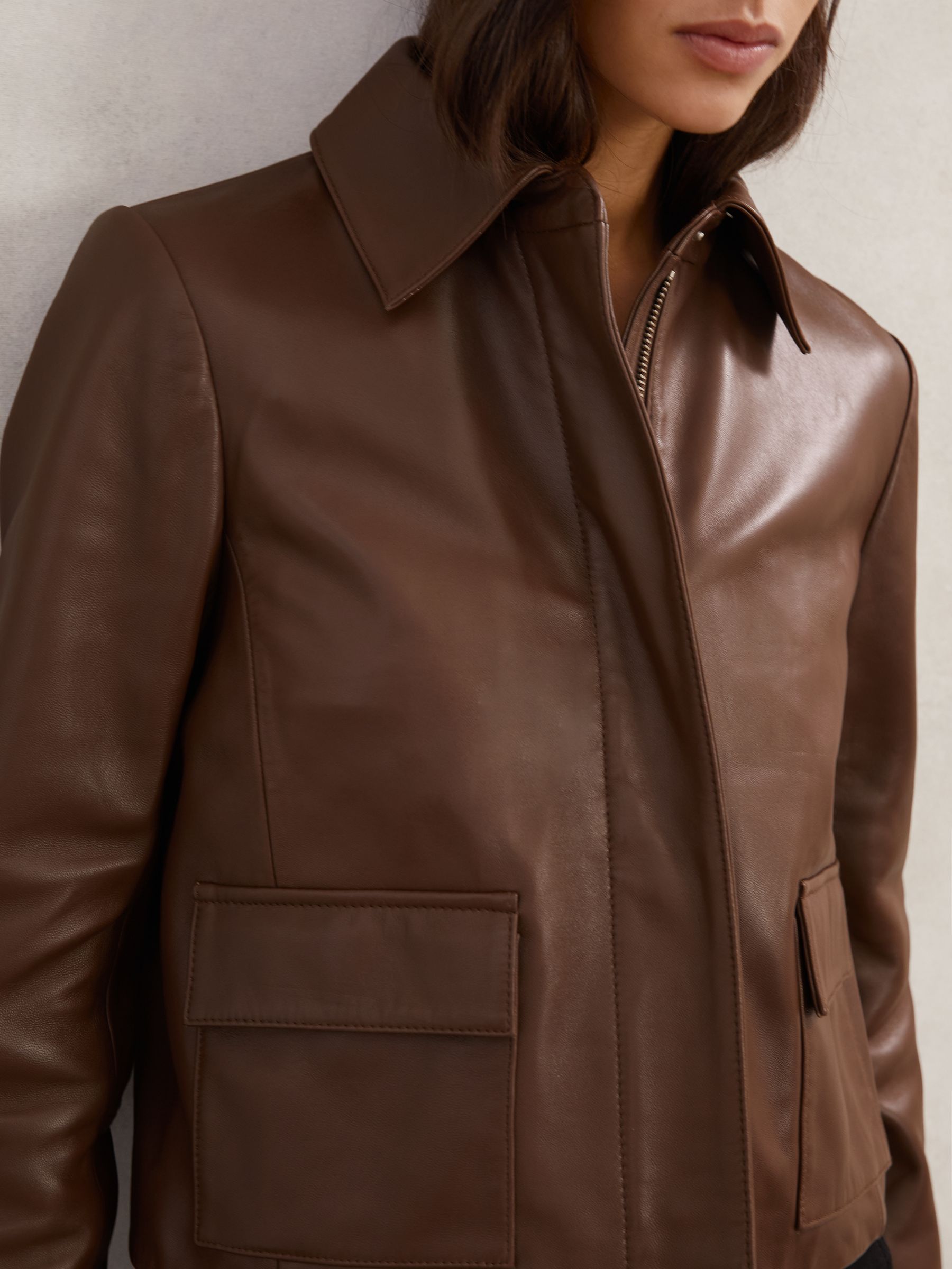 Collared Leather Jacket in Mocha Brown