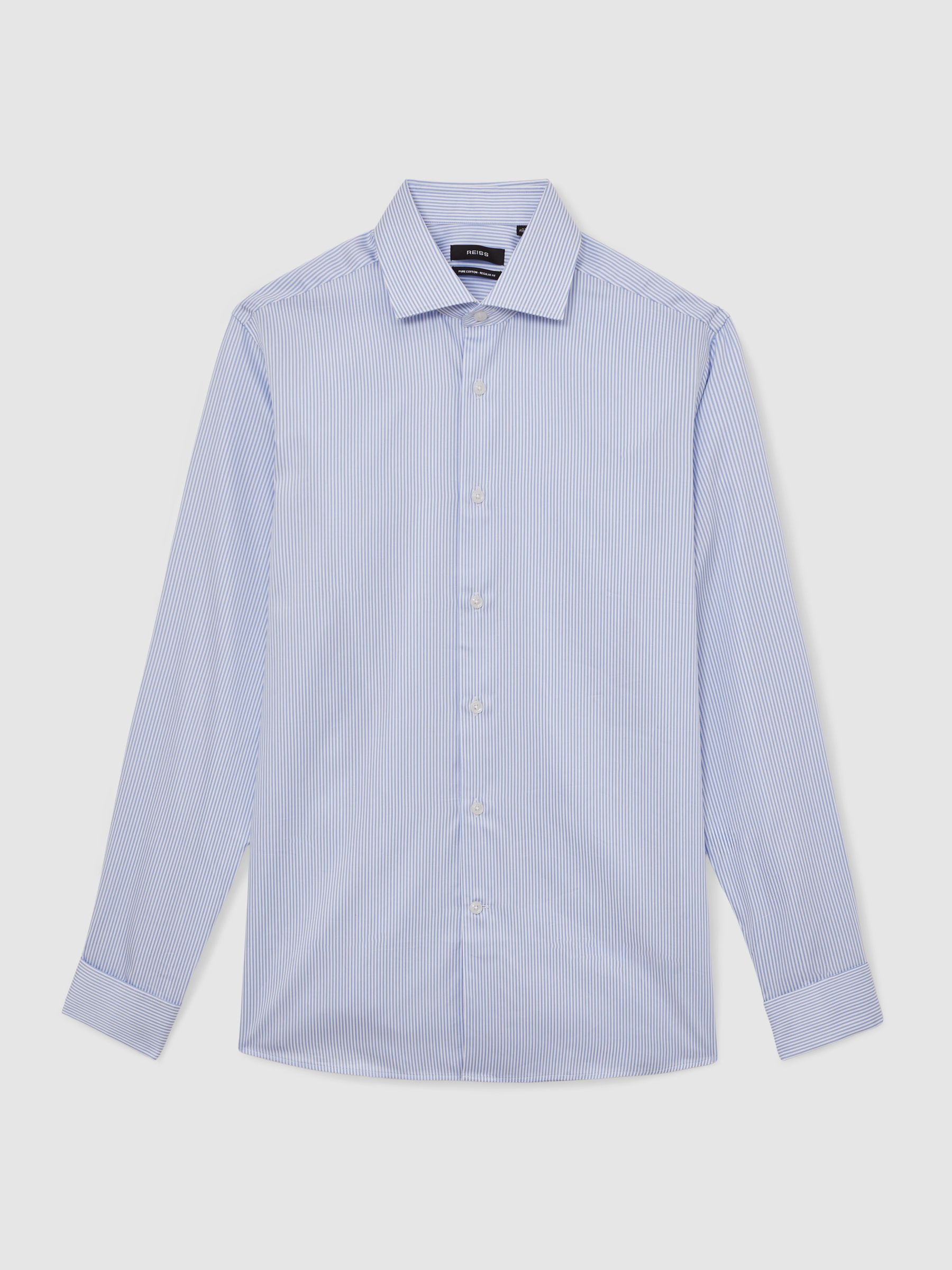 Regular Fit Cotton-Sateen Shirt in Blue Stripe
