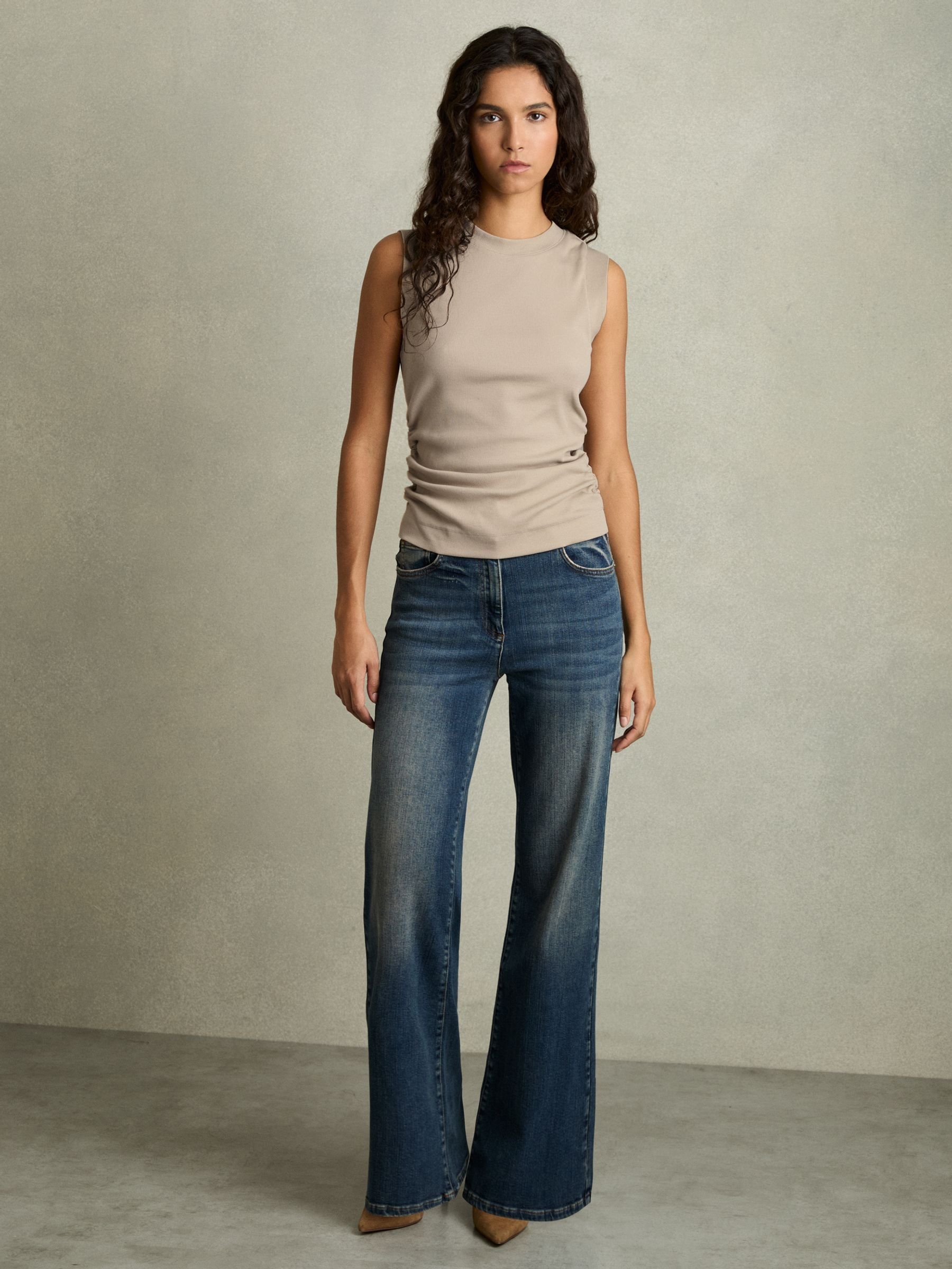 Fine-Rib Ruched Vest Top in Light Camel