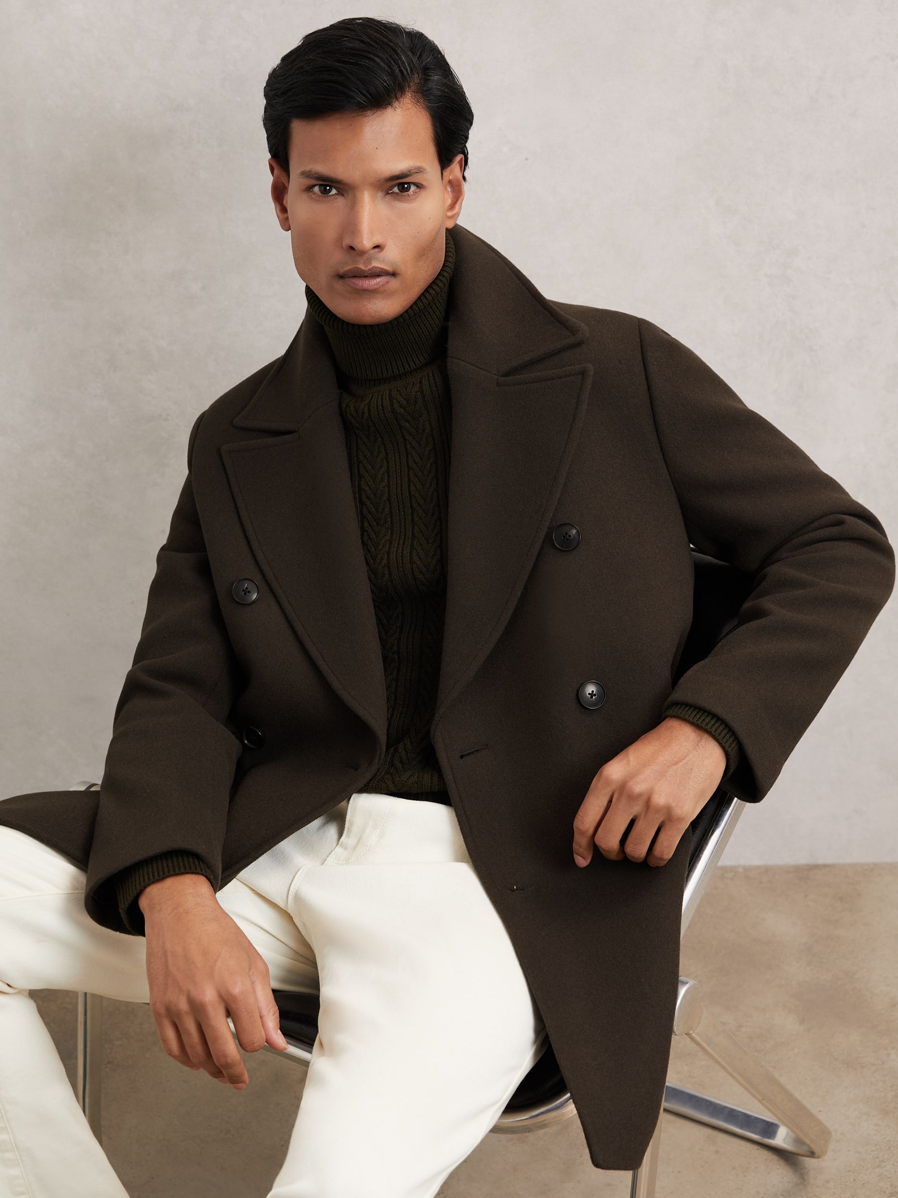 Wool-Blend Double-Breasted Pea Coat in Dark Green