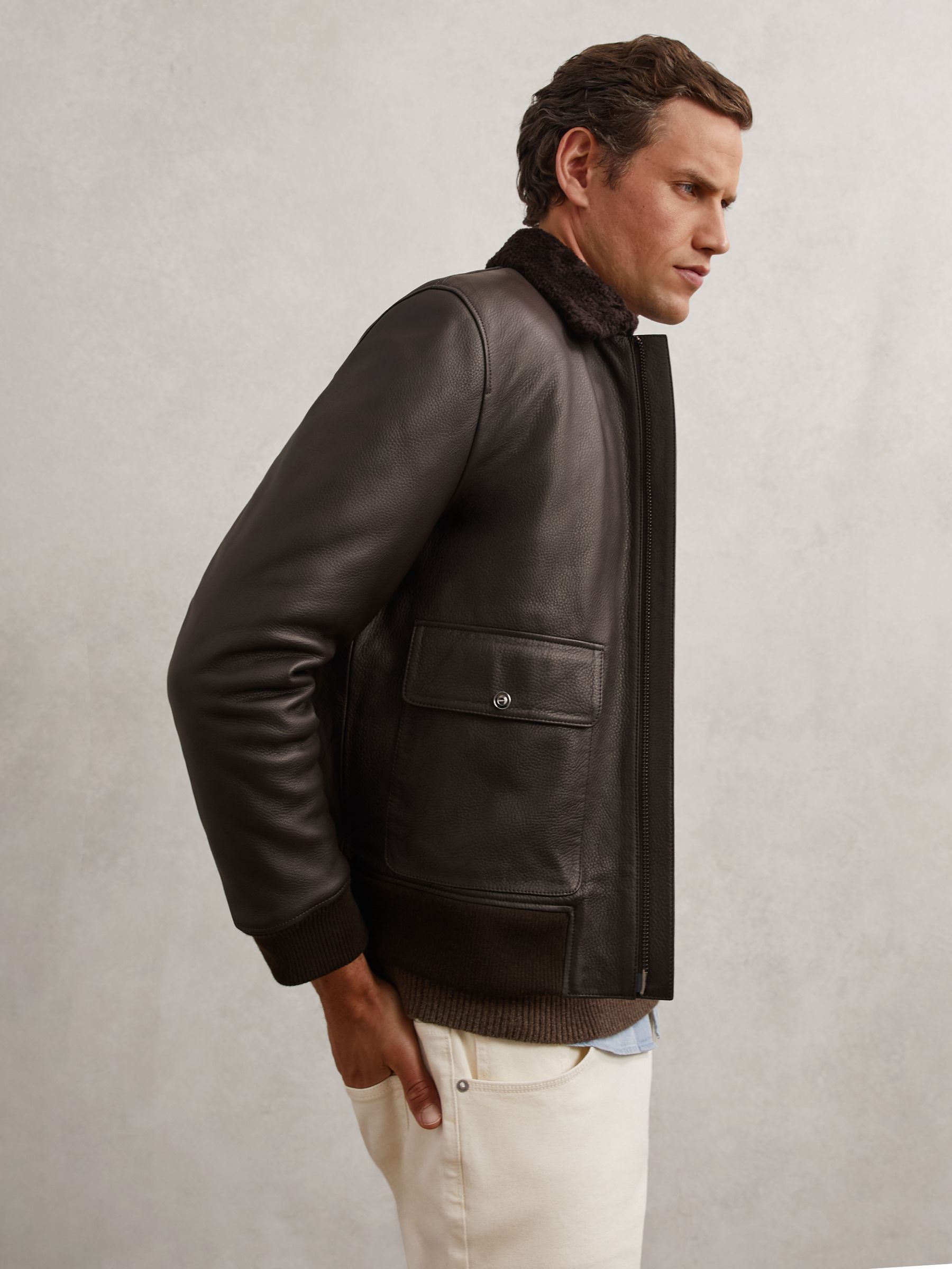 Leather Shearling-Collar Bomber Jacket in Brown