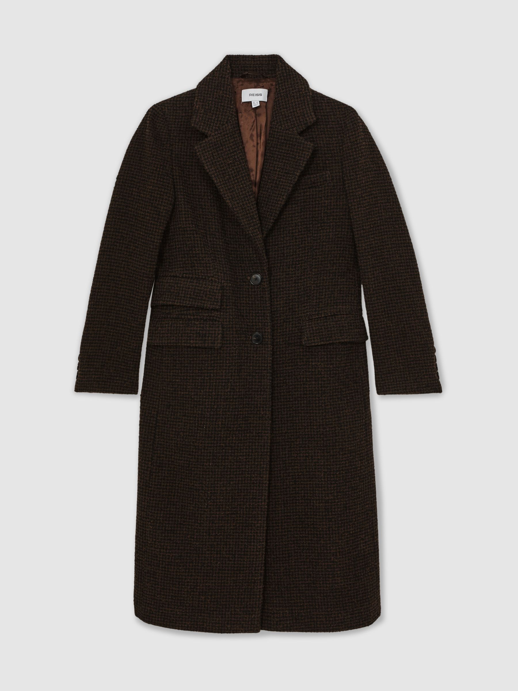 Wool-Blend Houndstooth Check Coat in Chocolate Brown Check