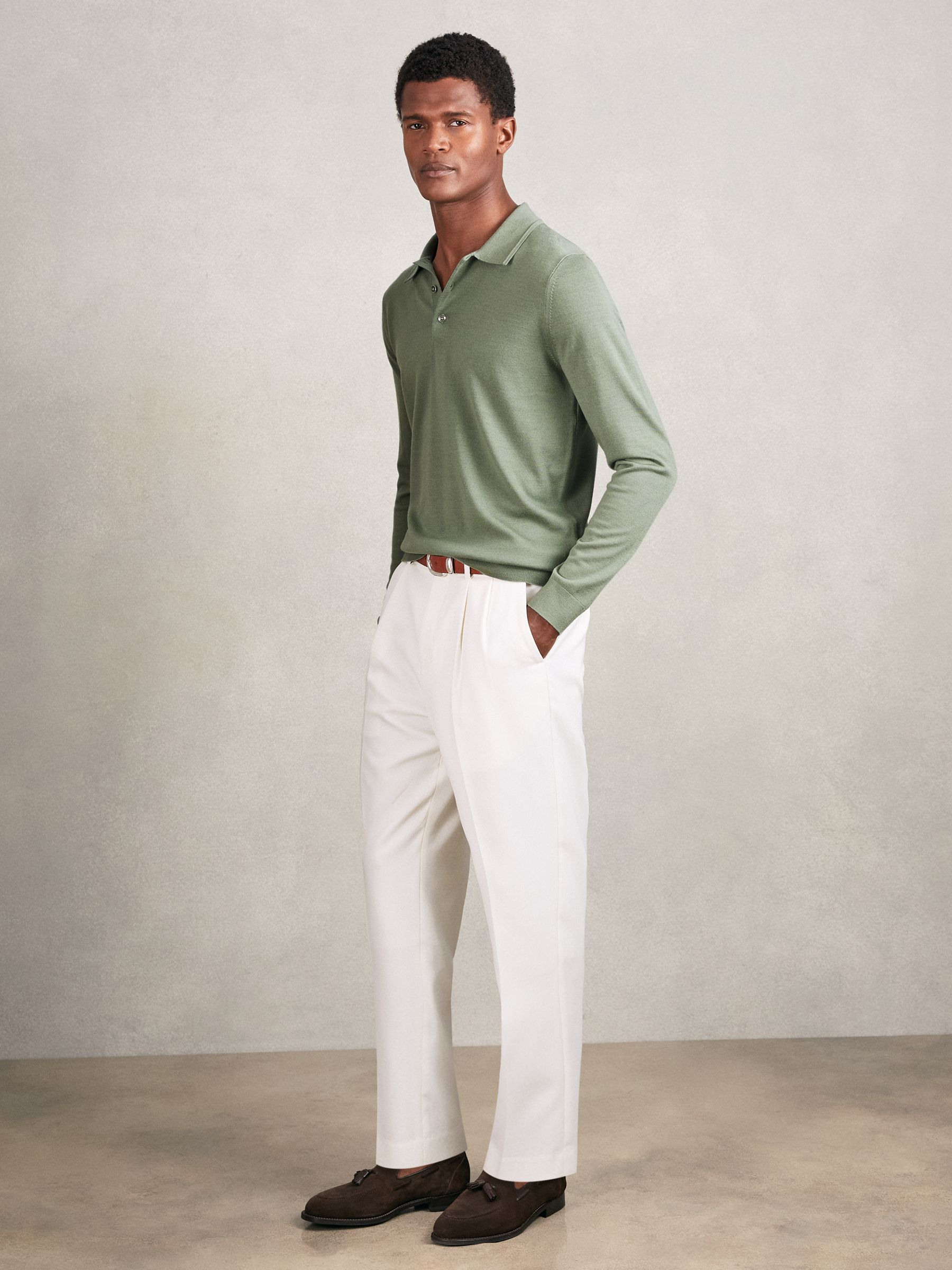 Merino Wool Long-Sleeve Polo Shirt in Harper Green