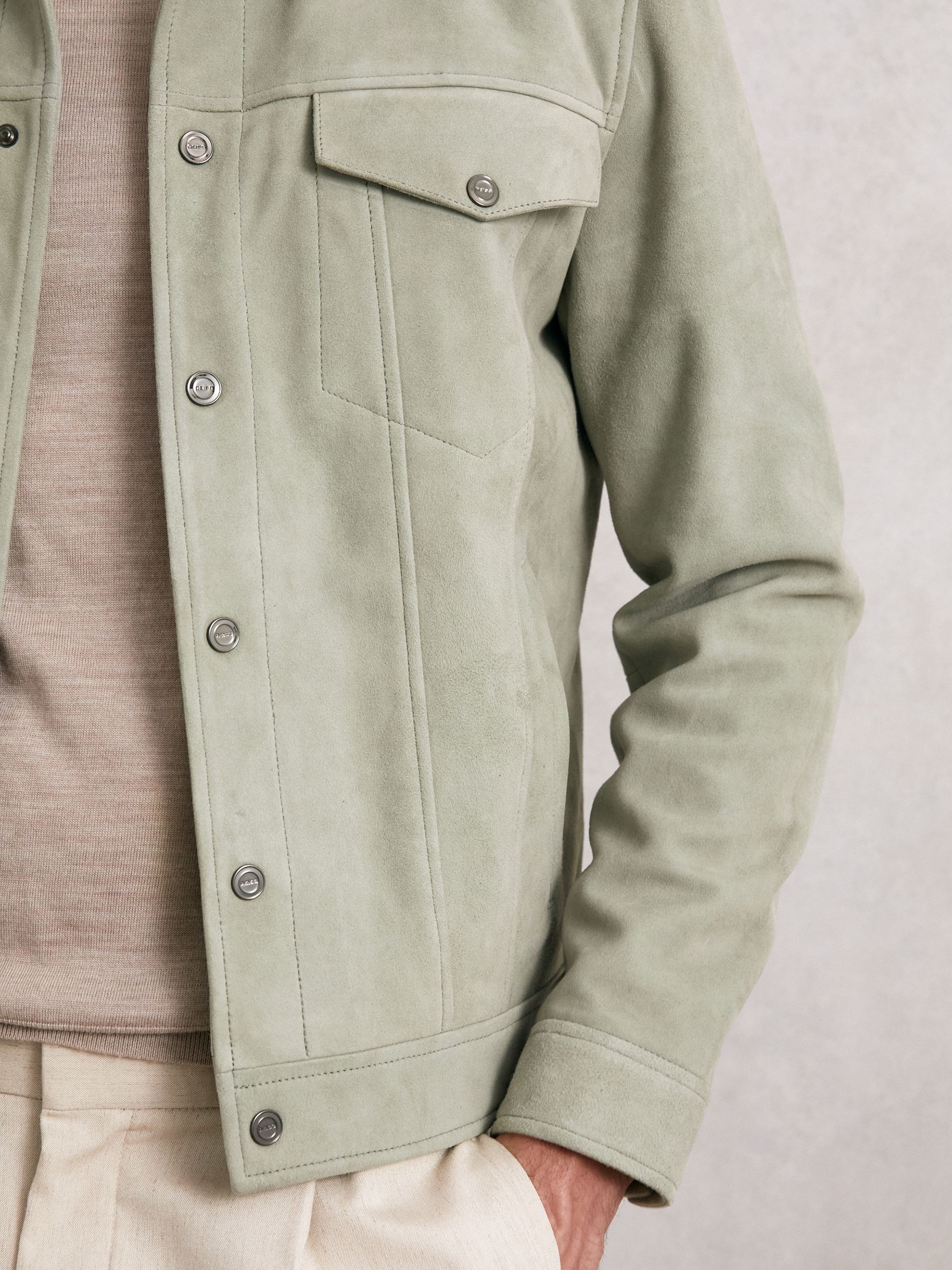 Suede Press Stud Trucker Jacket in Pistachio Green