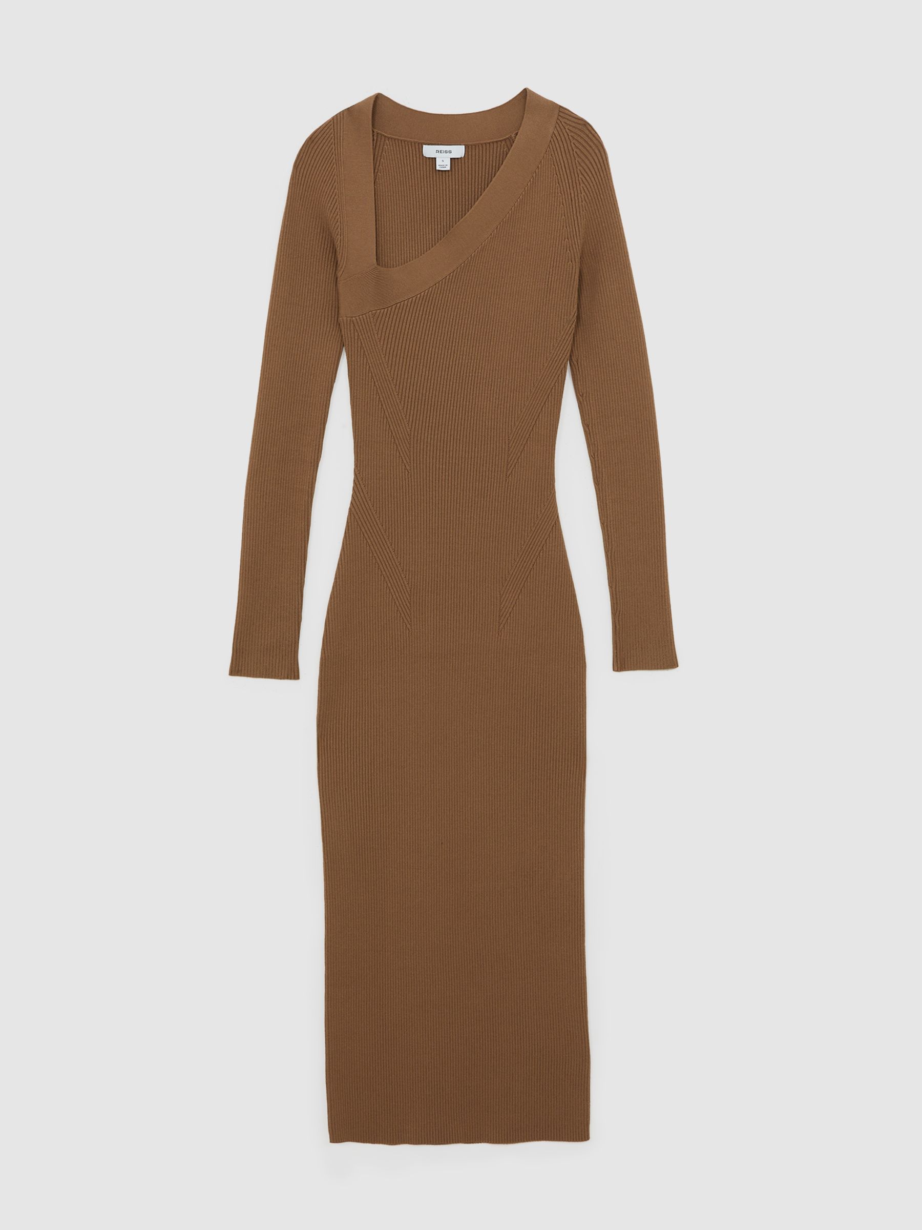 Asymmetric-Neck Rib-Knit Midi Dress in Camel