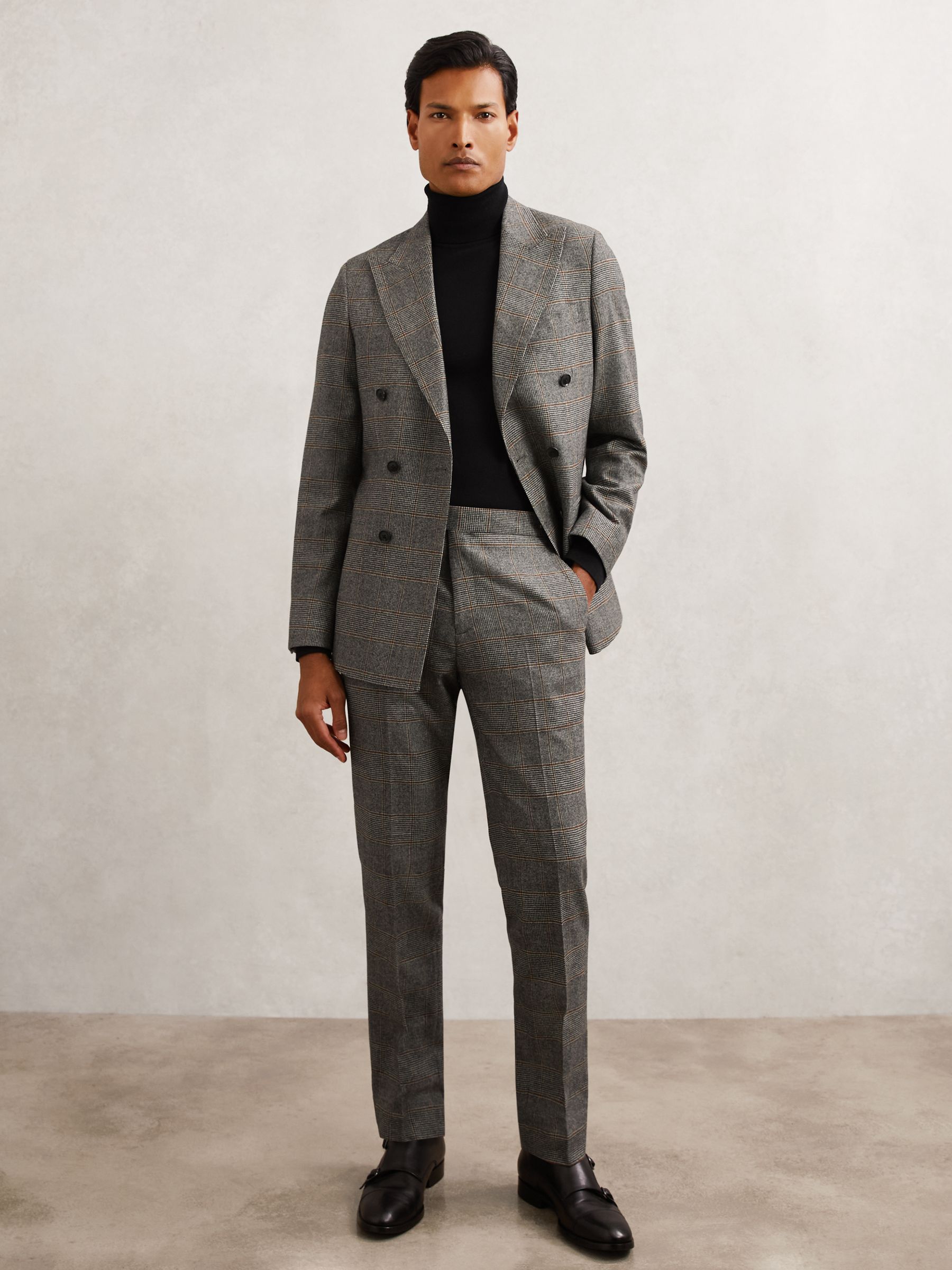 Wool Double-Breasted Check Suit Blazer Tailored-Fit in Charcoal Grey
