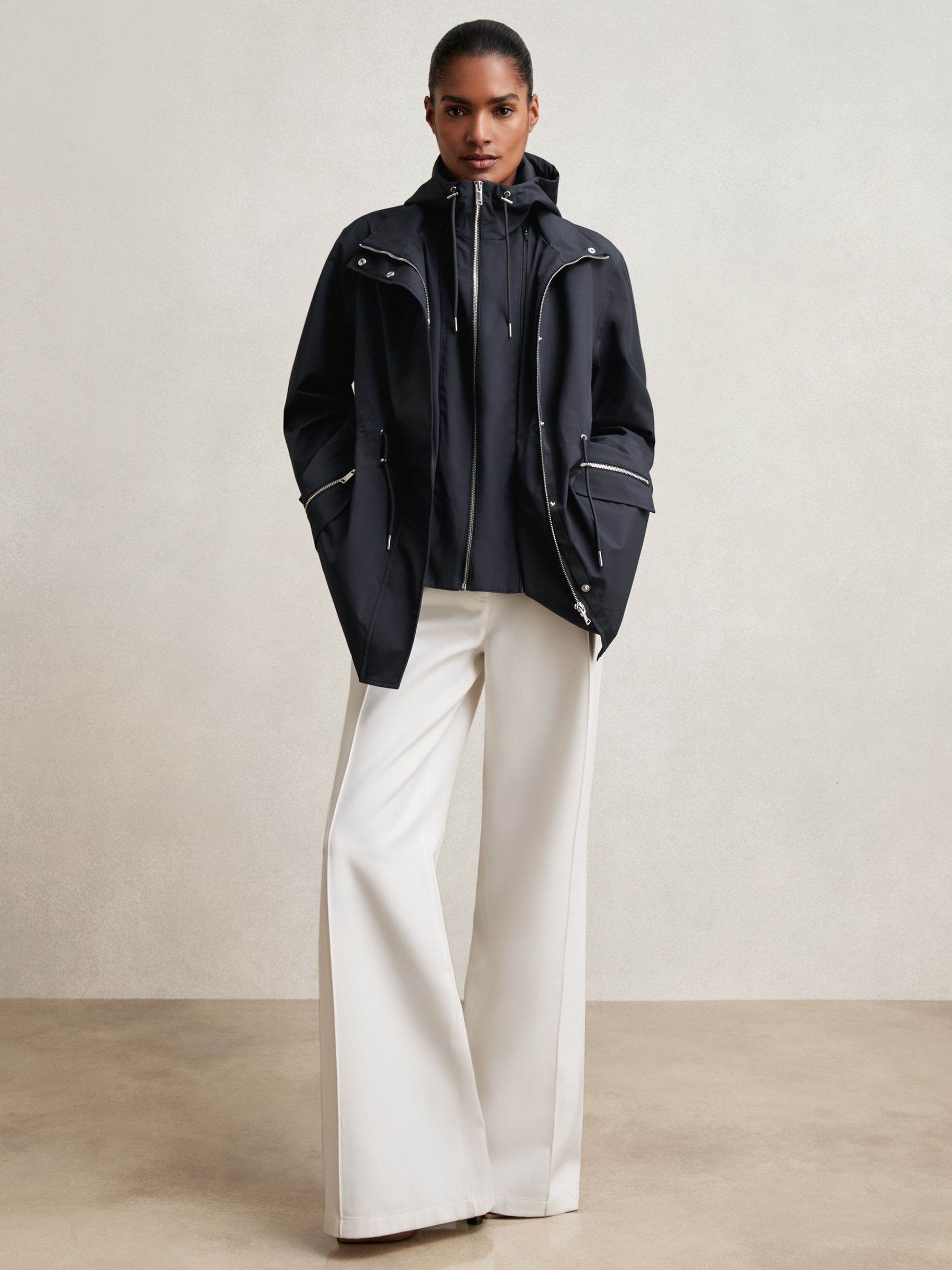 Removable-Hood Rain Coat in Navy