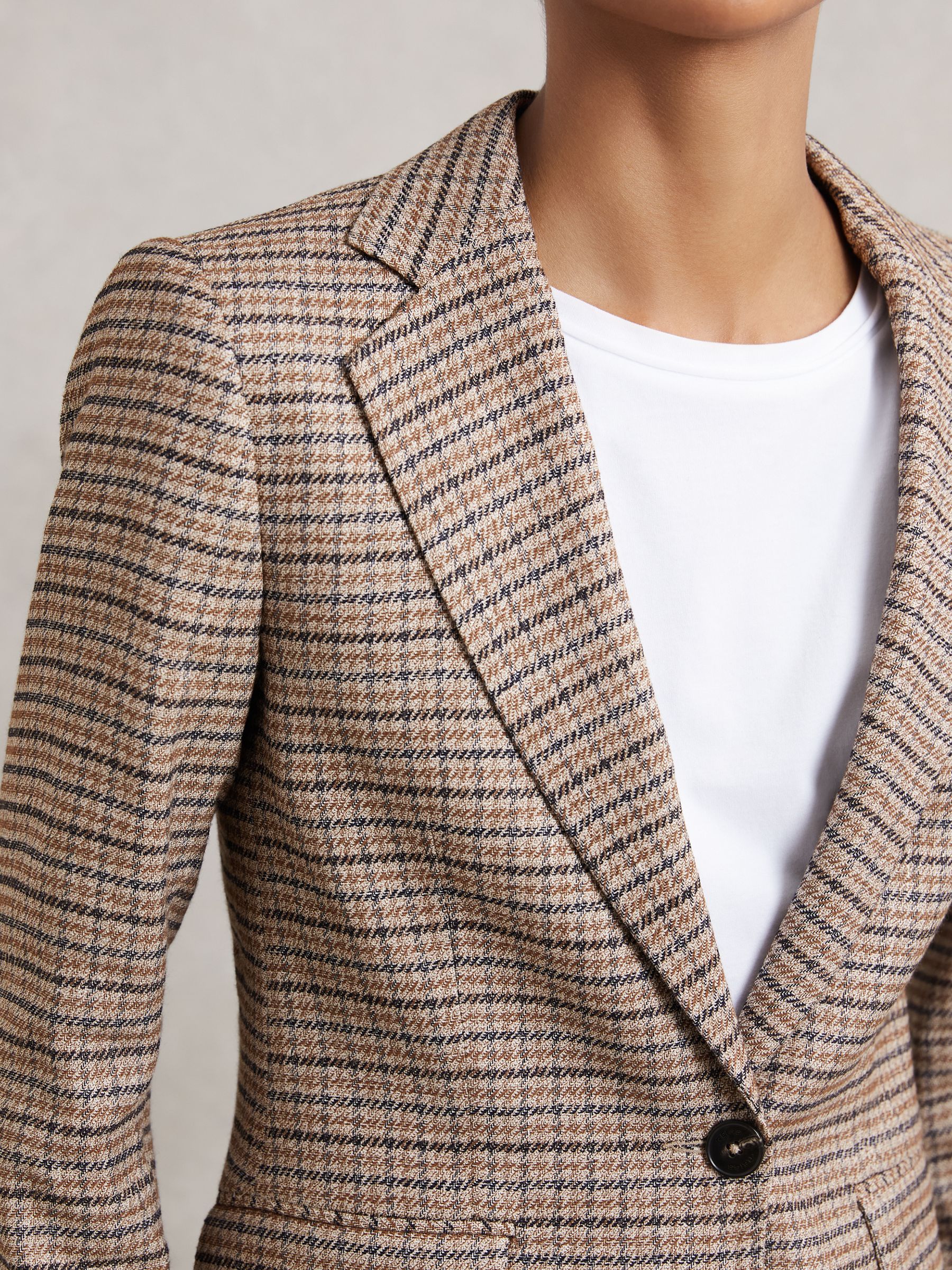 Single-Breasted Check Suit Blazer With Linen in Neutral Check