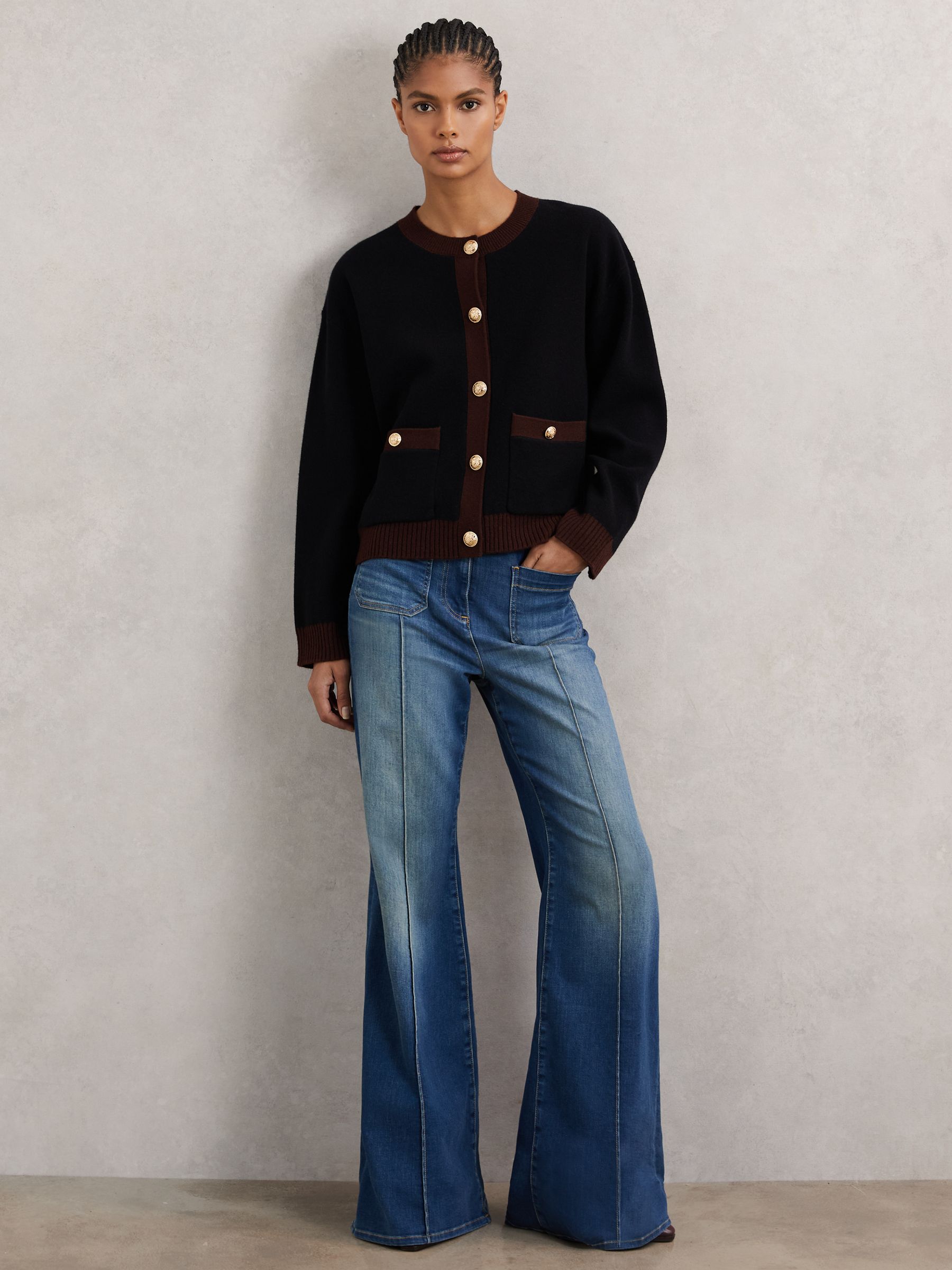 Wool-Cashmere Crew-Neck Cardigan in Burgundy/Black