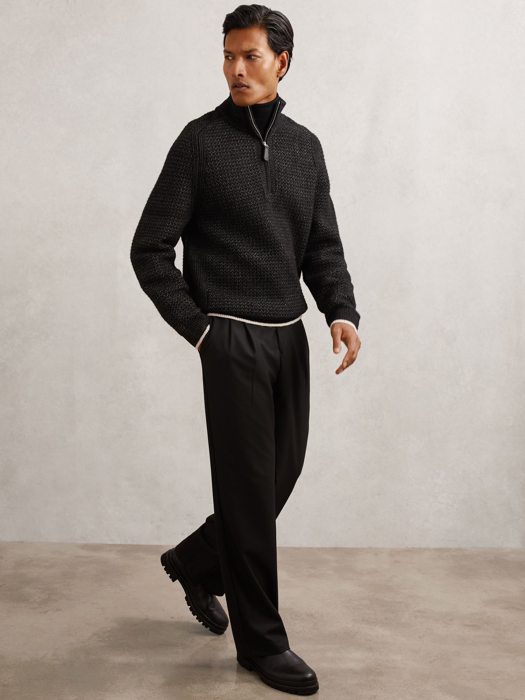 Half-Zip Chevron-Knit Jumper with Wool in Black