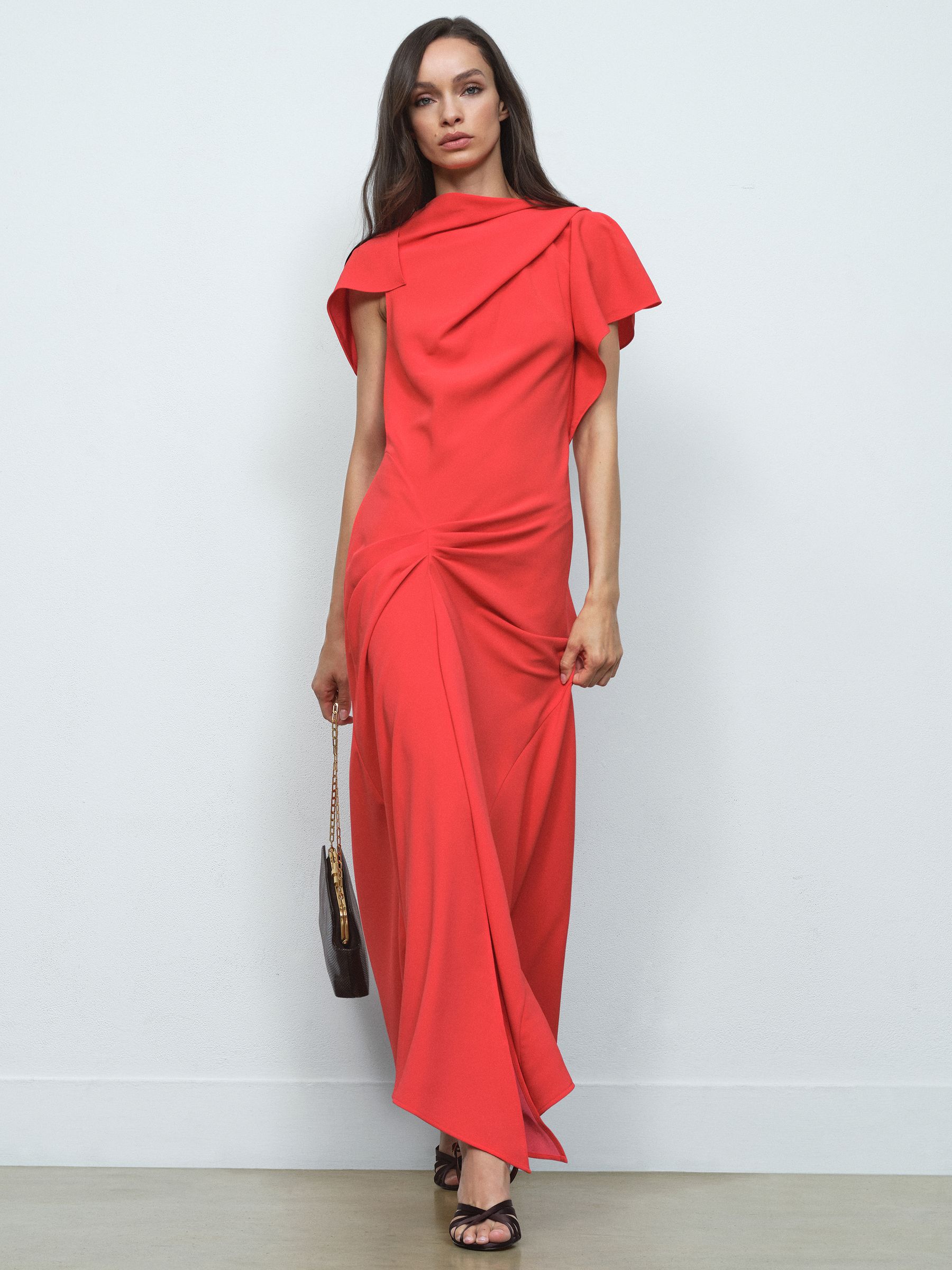 Asymmetric Draped Midi Dress in Orange