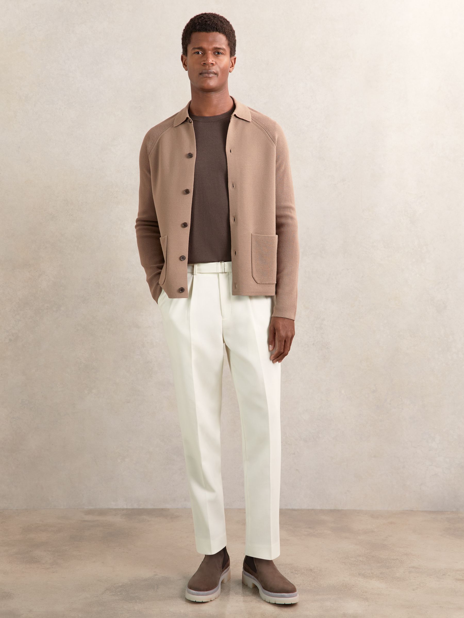 Button-Through Ribbed-Sleeve Cardigan in Camel Brown