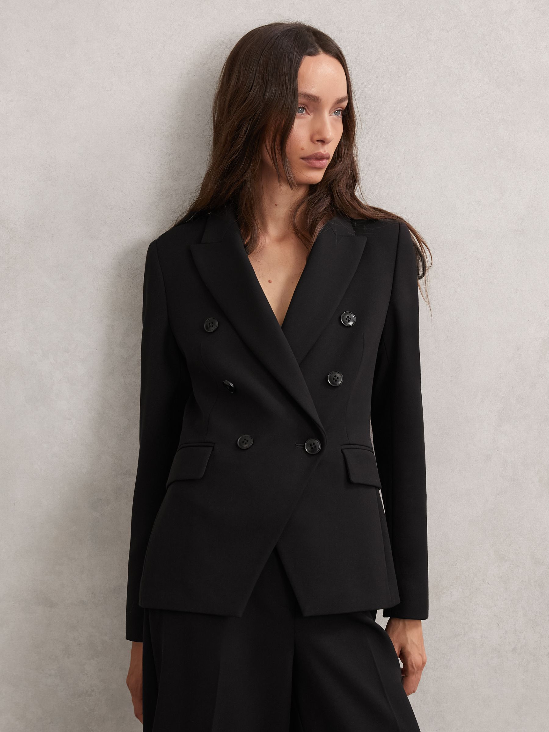 Petite Double-Breasted Suit Blazer in Black