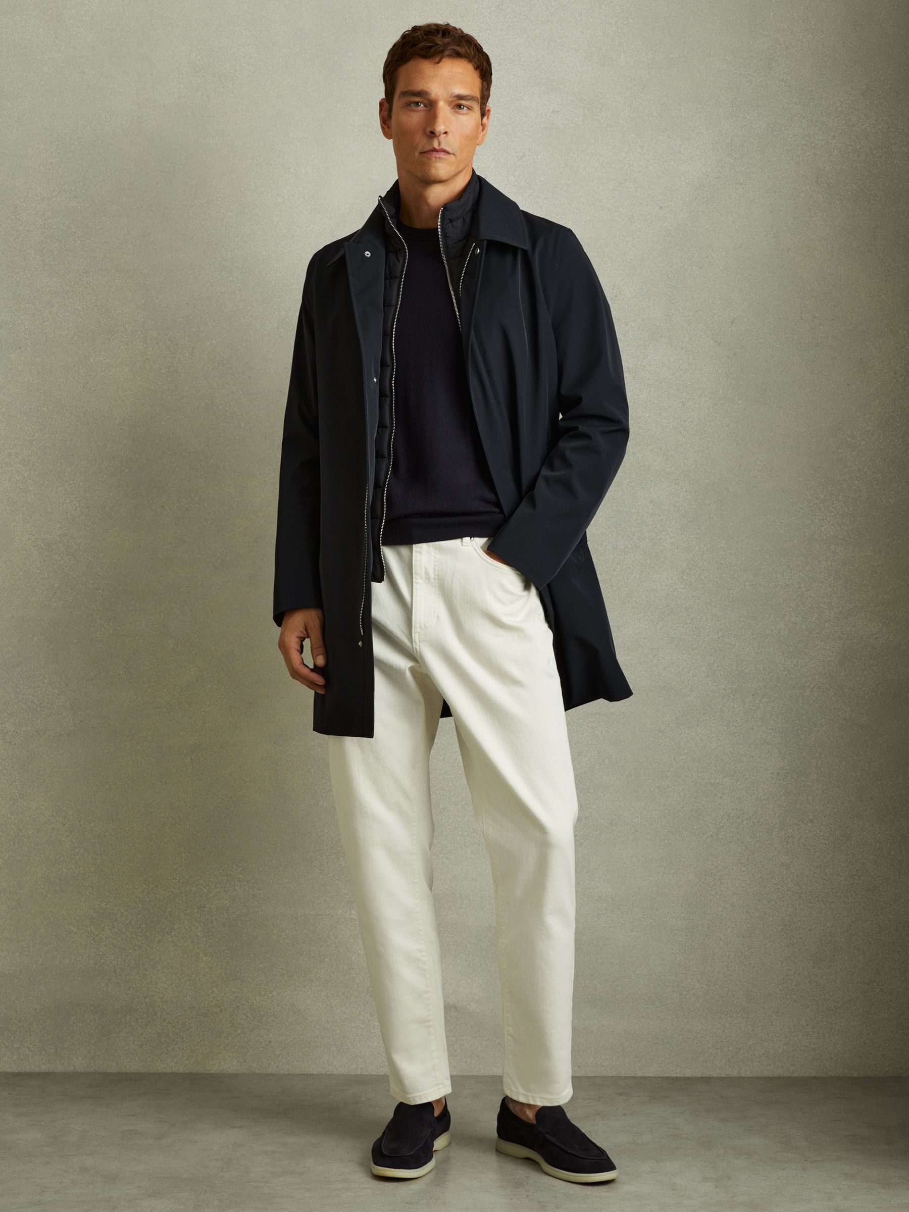 Hybrid Removable Funnel Neck Overcoat in Navy