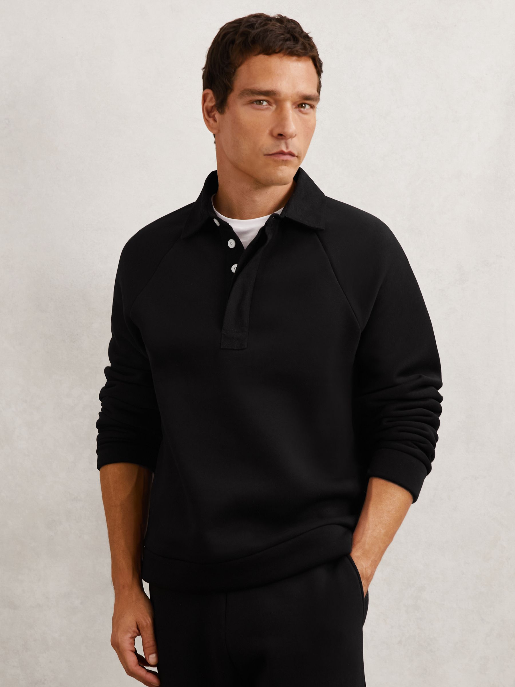 Cotton-Blend Fleece-Back Polo Shirt in Black