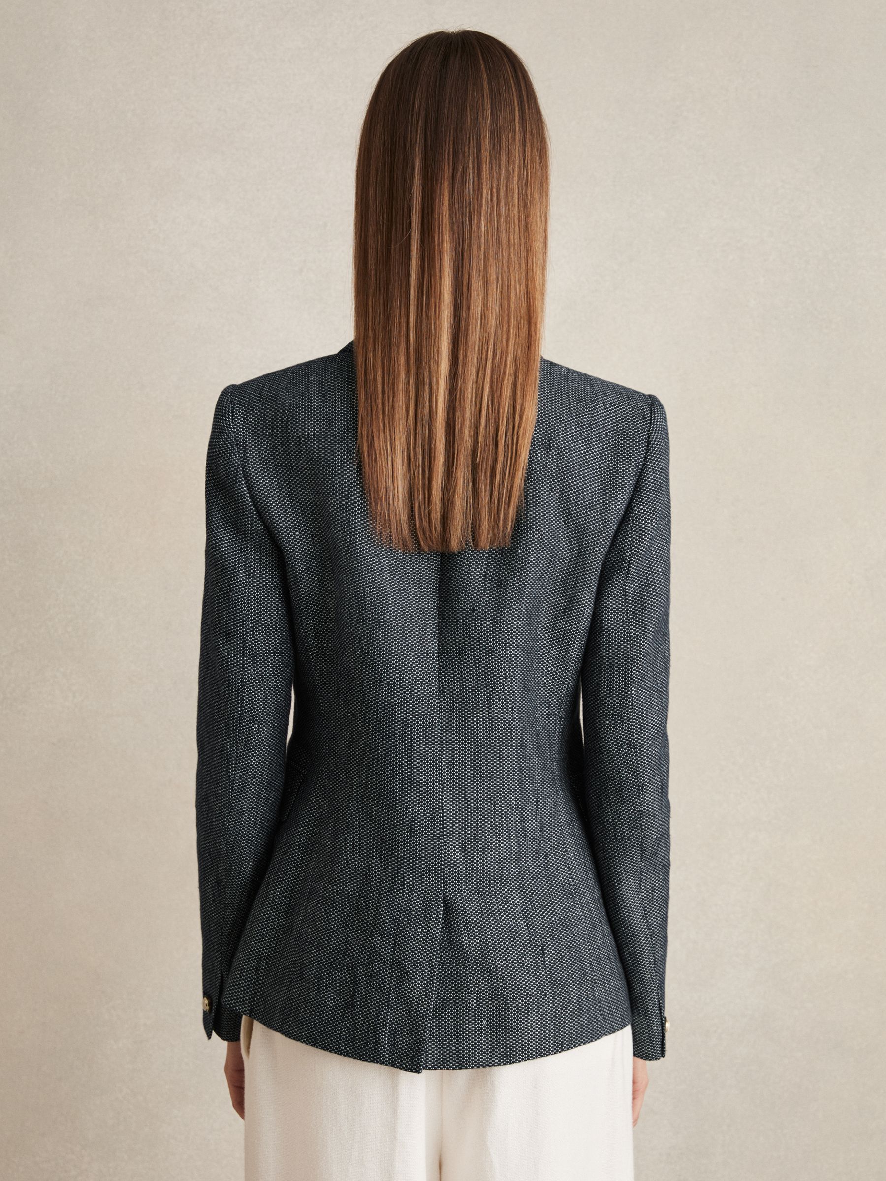 Petite Linen-Cotton Double-Breasted Blazer in Navy