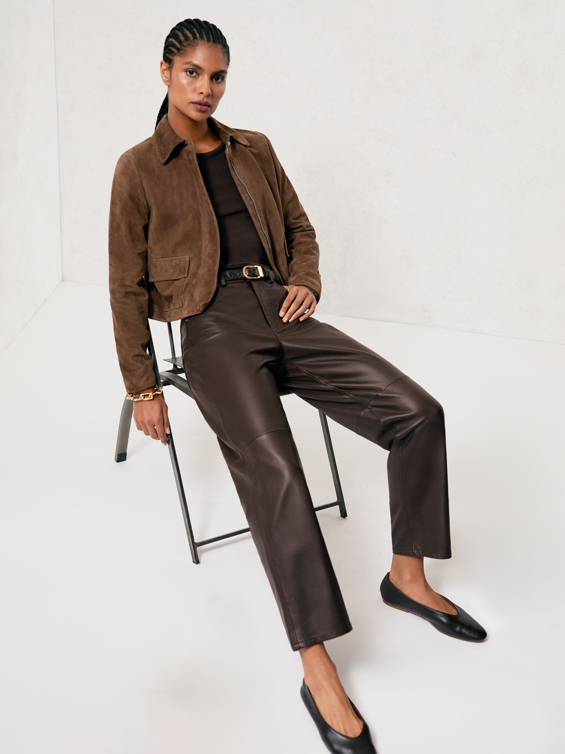 Petite Leather Slim-Leg Trousers in Chocolate