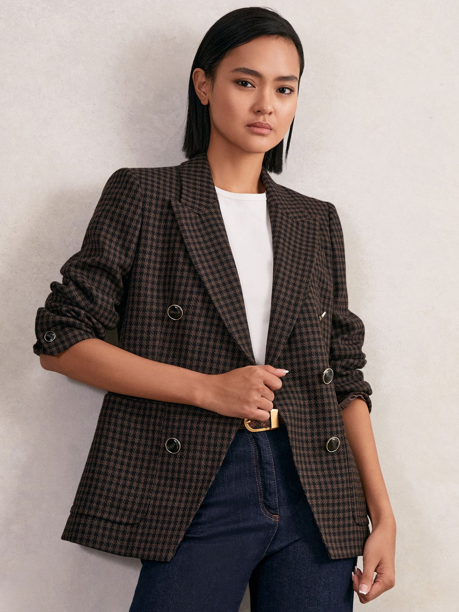 Wool-Blend Double-Breasted Check Blazer in Brown Check