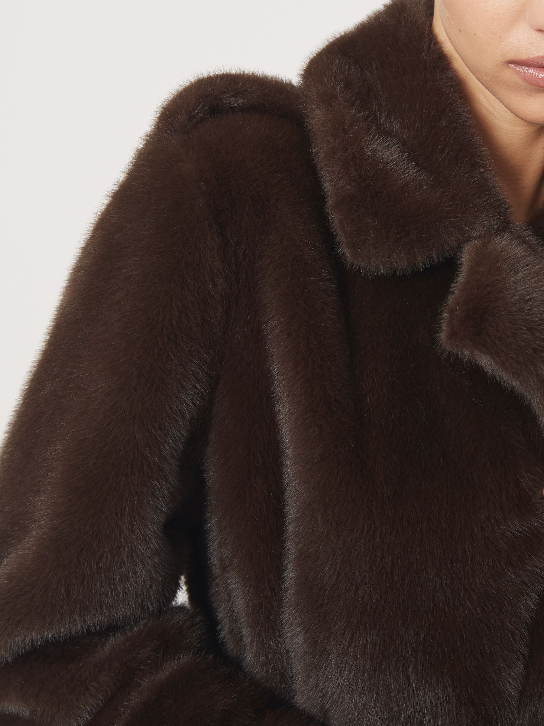 Petite Faux-Fur Long Belted Coat in Chocolate Brown