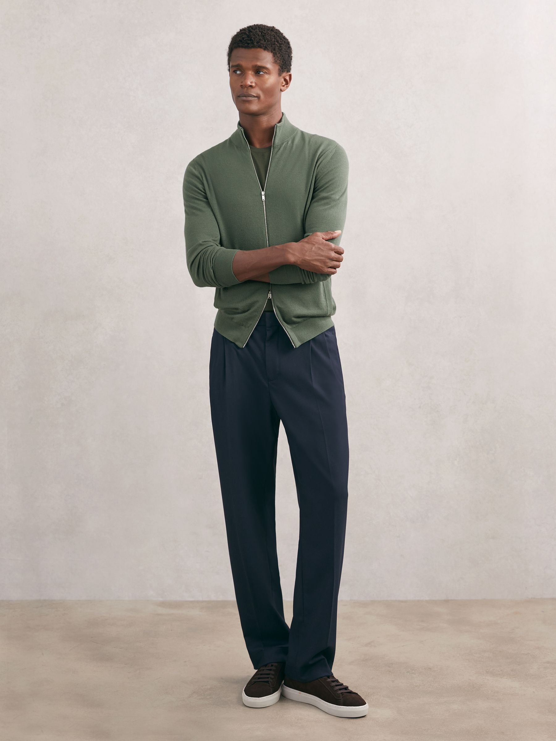 Merino Wool Zip-Through Cardigan in Kale Green