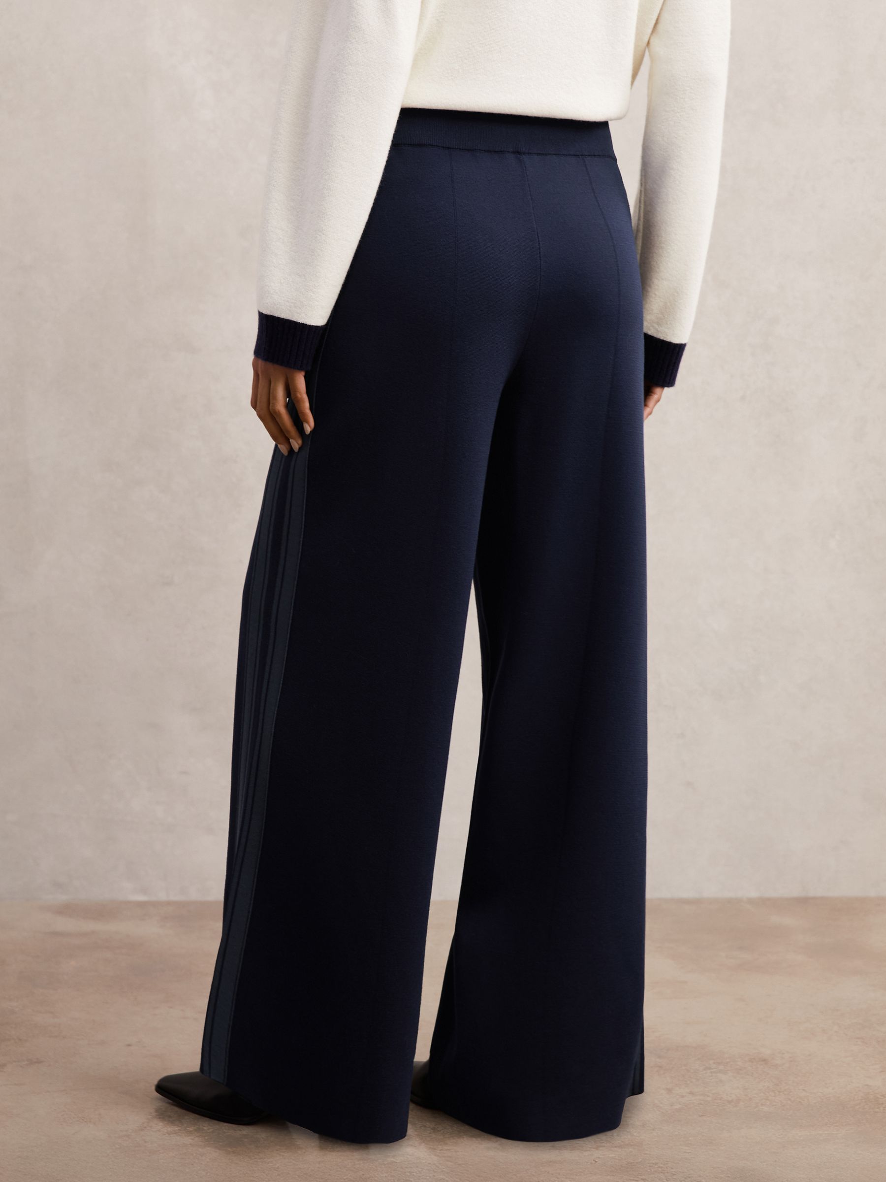 Petite Knitted Side-Stripe Wide-Leg Trousers in Navy