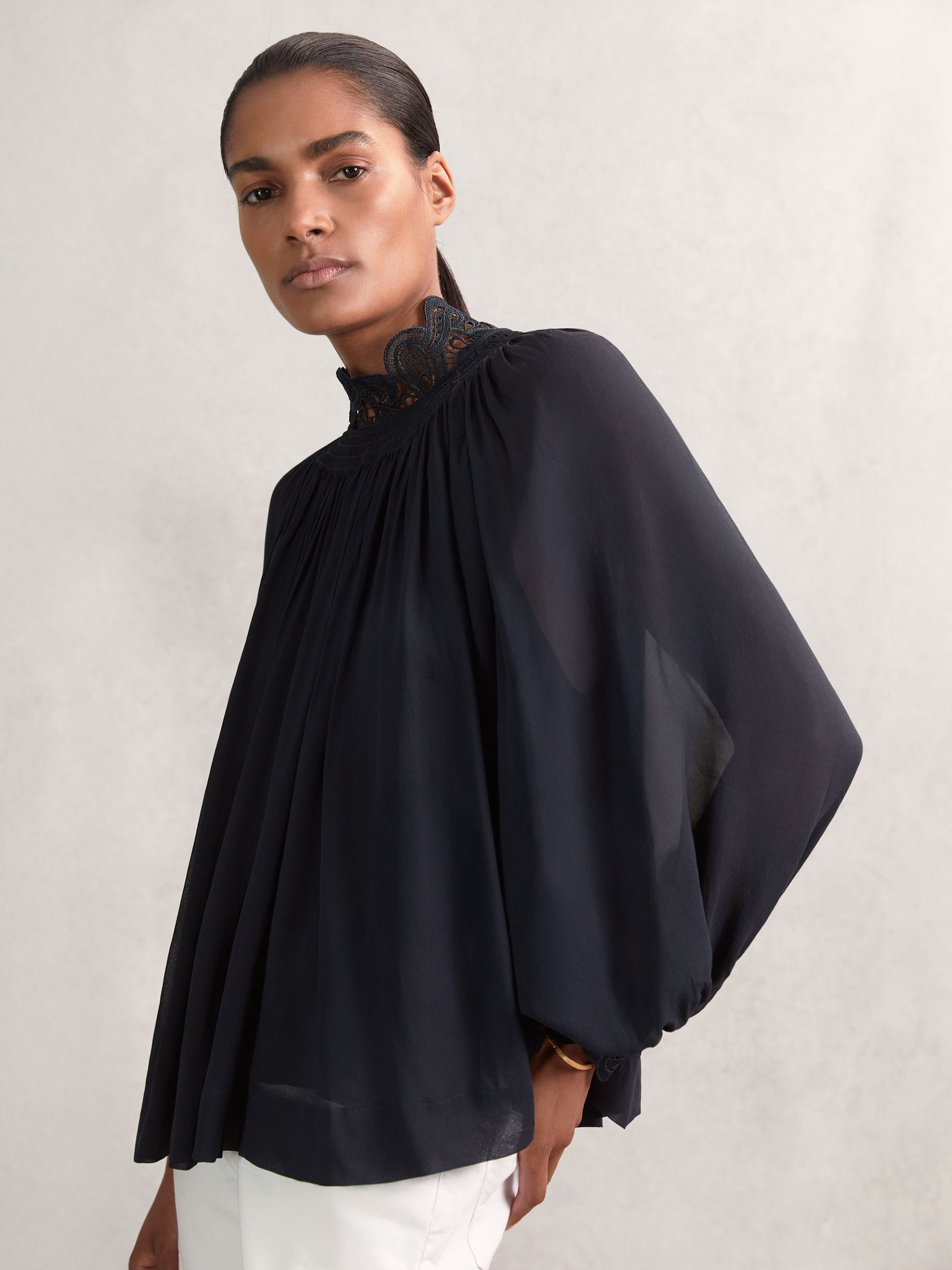 Lace-Trim Draped Chiffon Top in Navy
