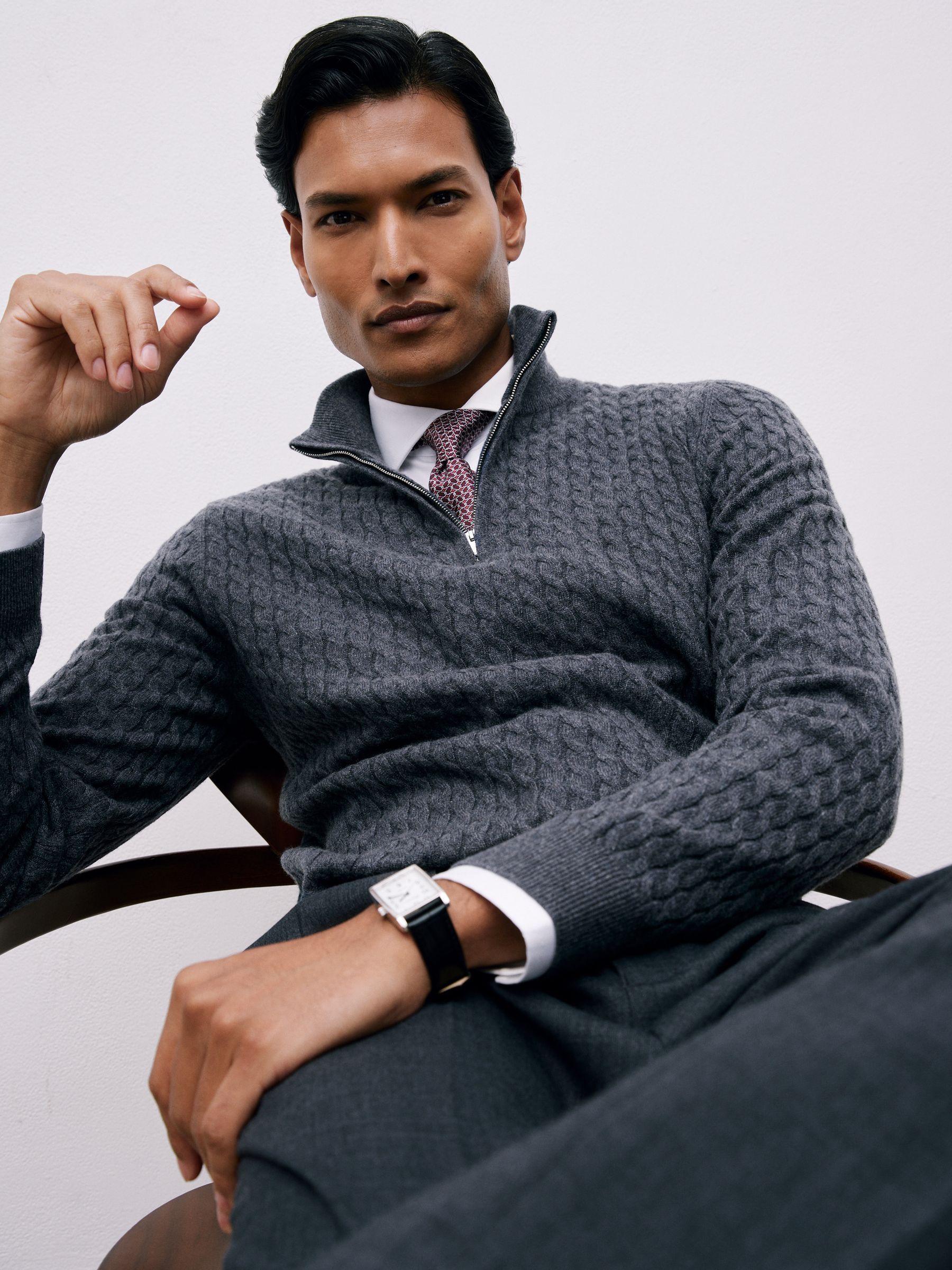 Atelier 100% Cashmere Cable Zip Jumper in Denim Blue