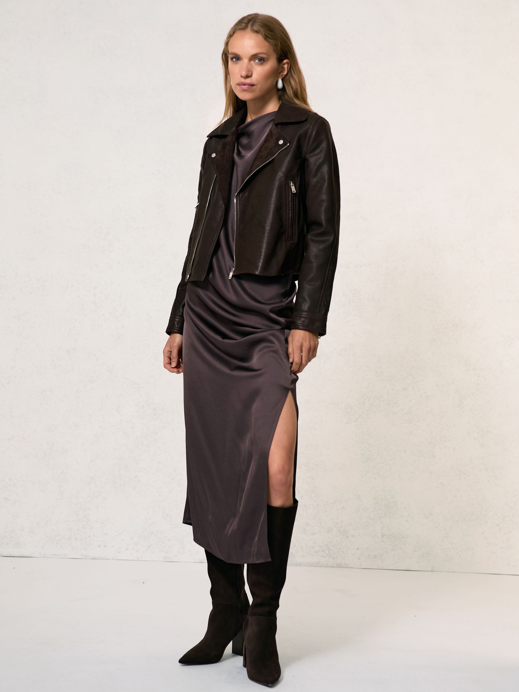 Petite Suede-Lapel Leather Biker Jacket in Chocolate Brown