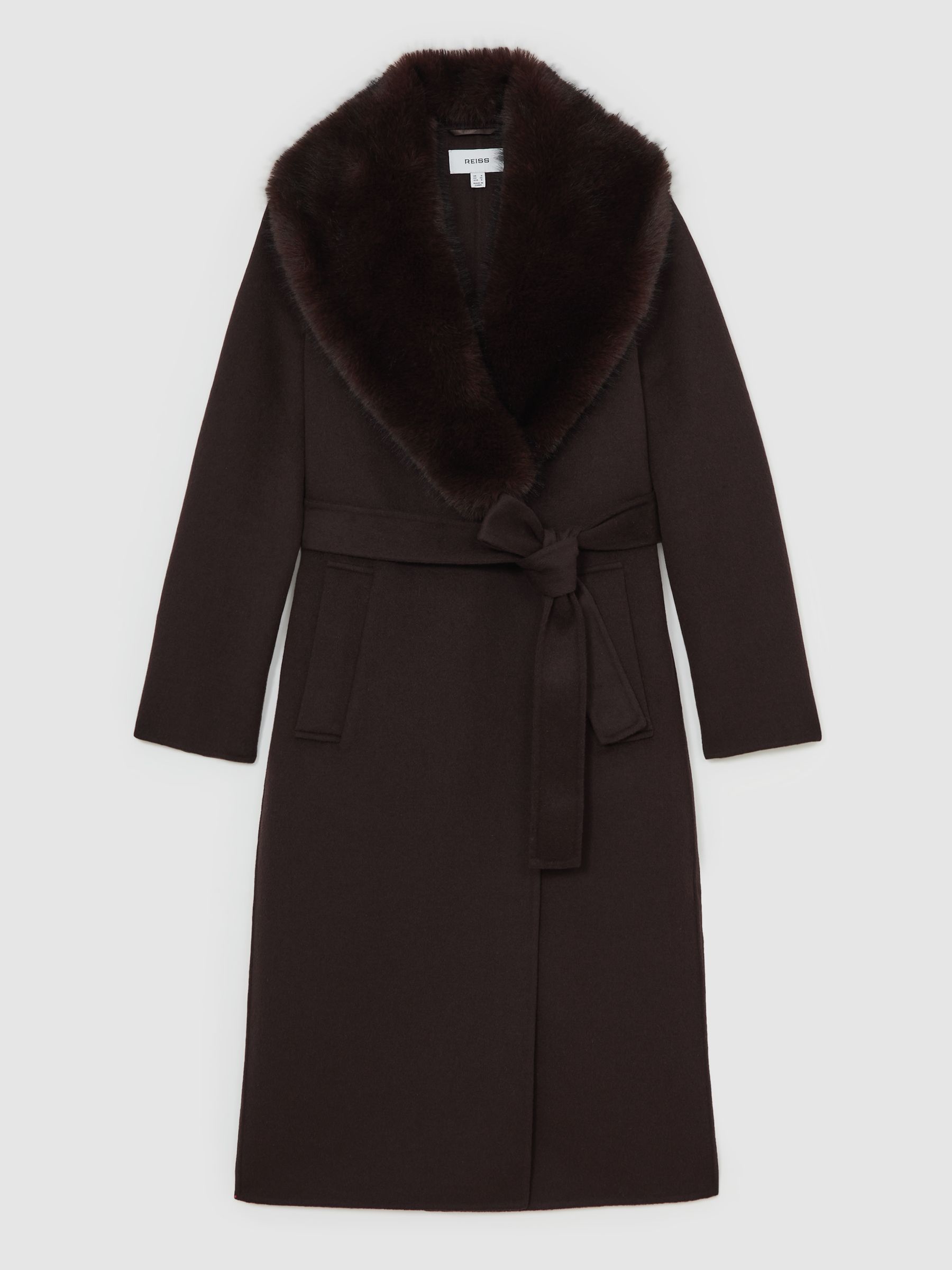 Faux-Fur Collar Blindseam Coat Wool-Blend in Chocolate Brown