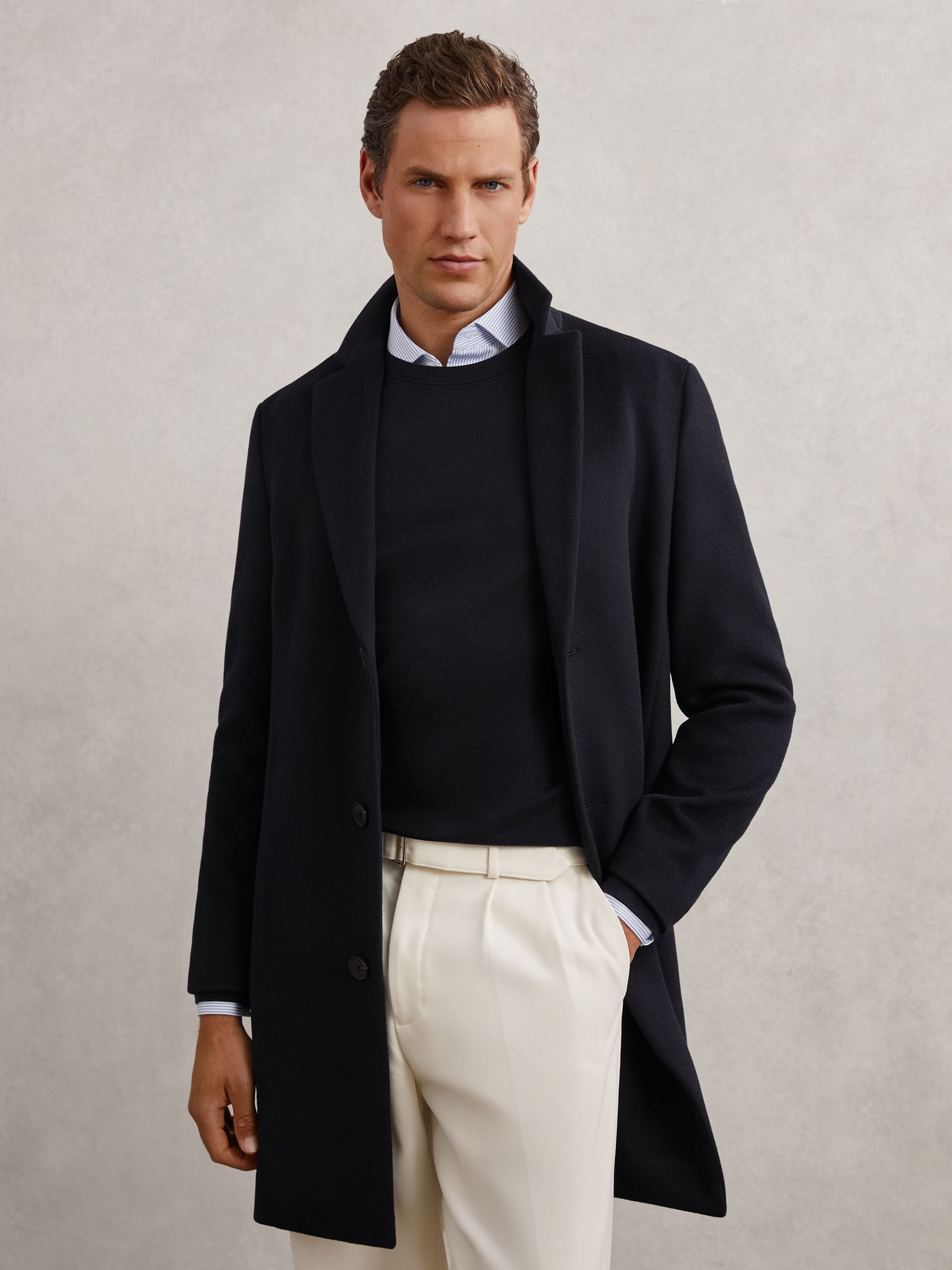 Wool-Blend Internal-Gilet Overcoat in Navy