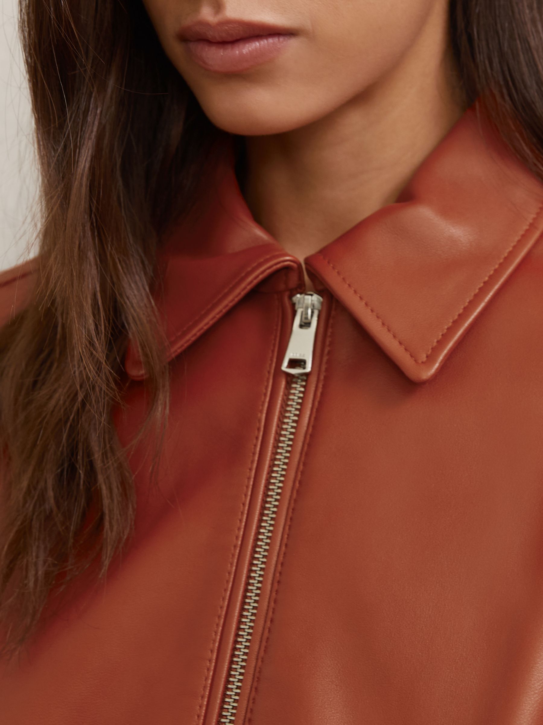 Leather Cropped Bomber Jacket in Tan
