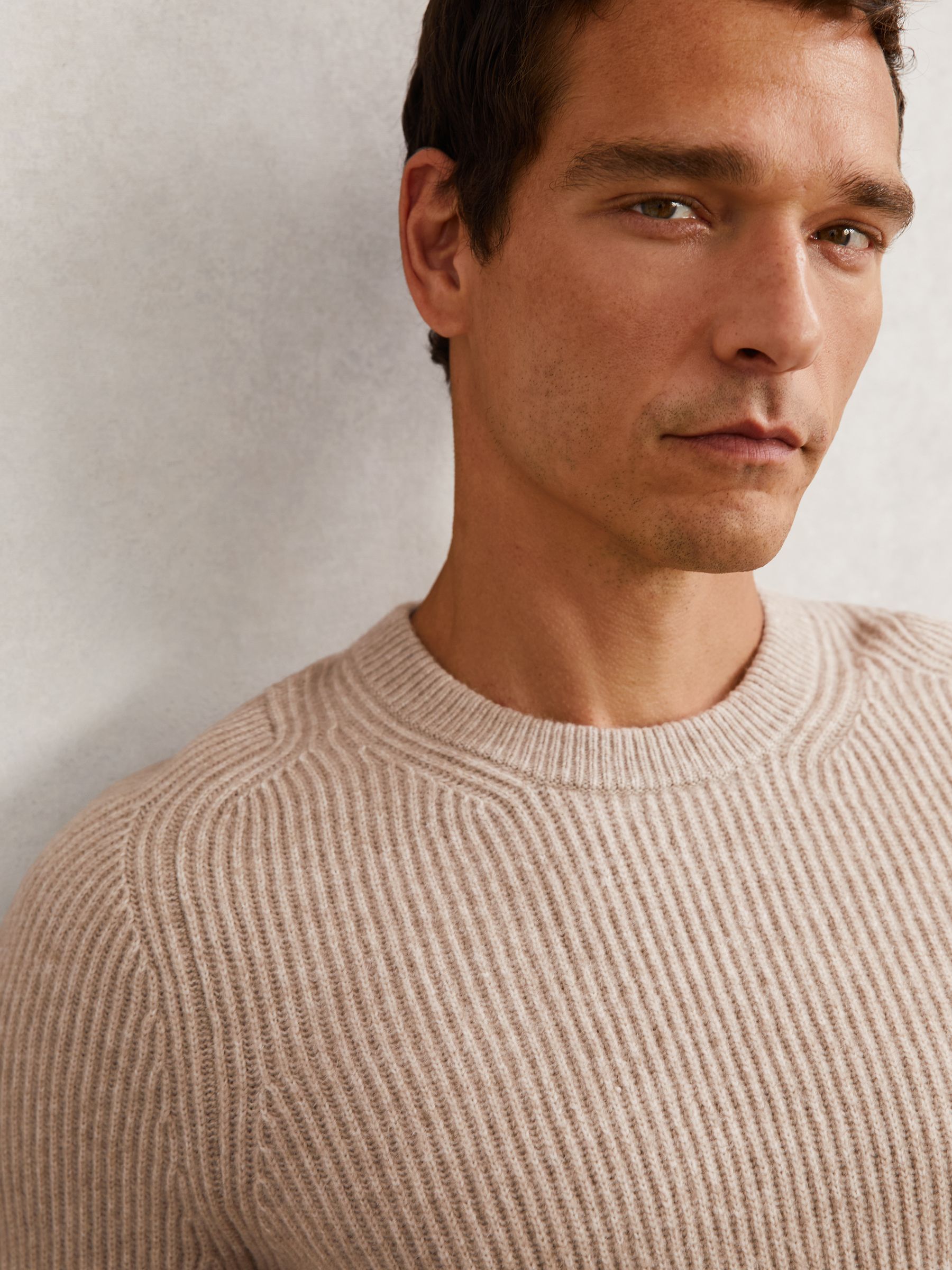 Brushed Rib-Knit Crew-Neck Jumper with Wool in Oatmeal Brown