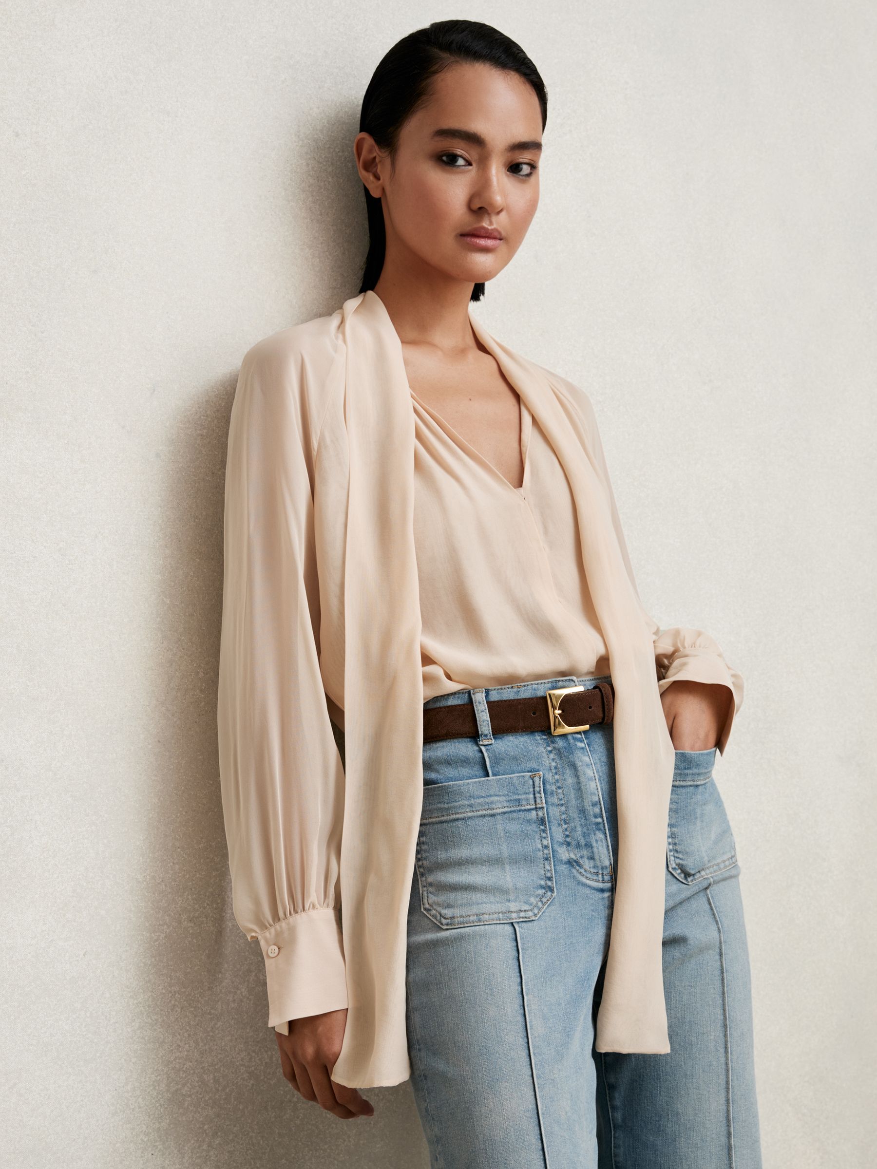 Silk-Blend Chiffon Tie-Neck Blouse in Pale Pink