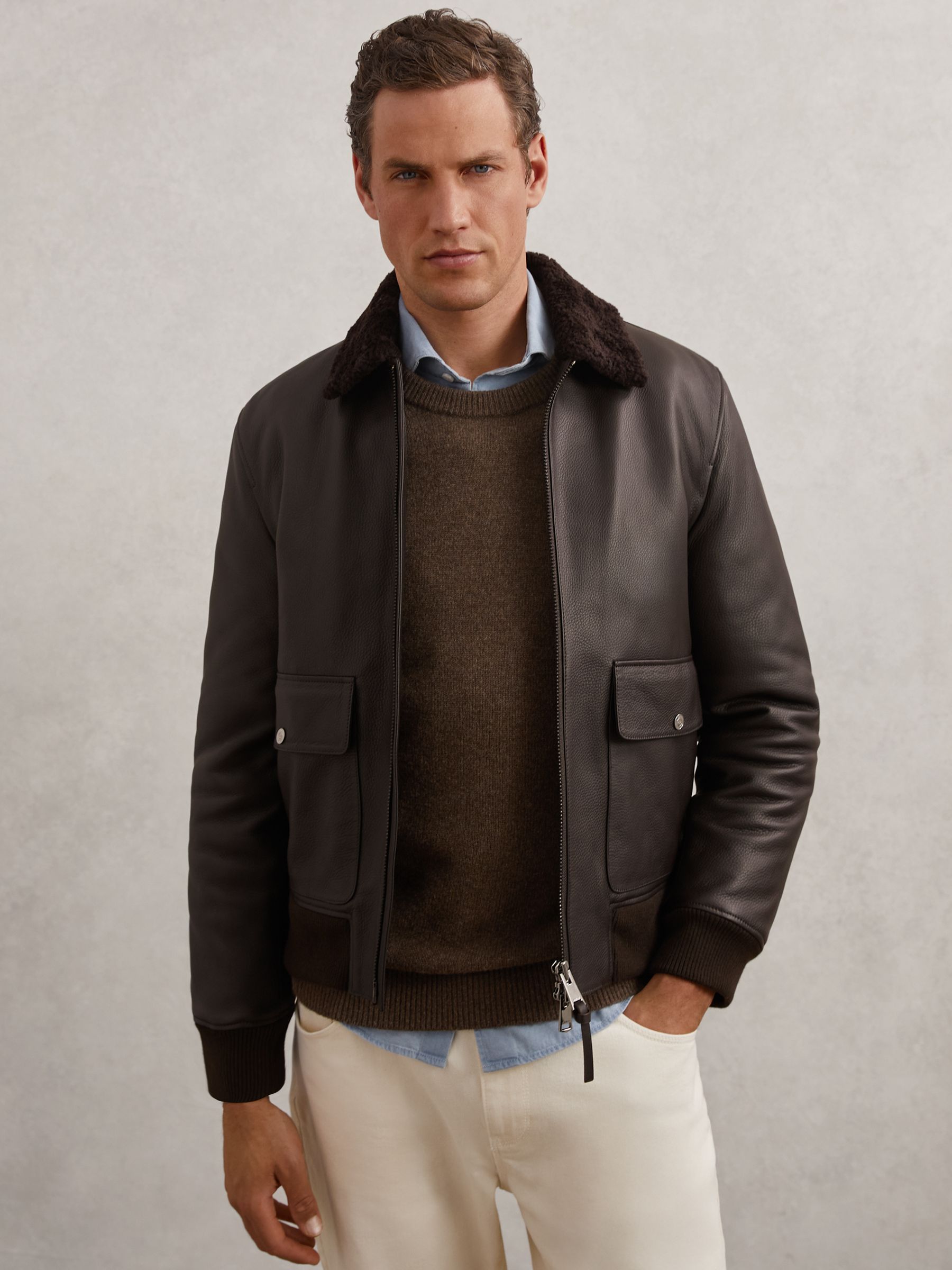 Leather Shearling-Collar Bomber Jacket in Brown