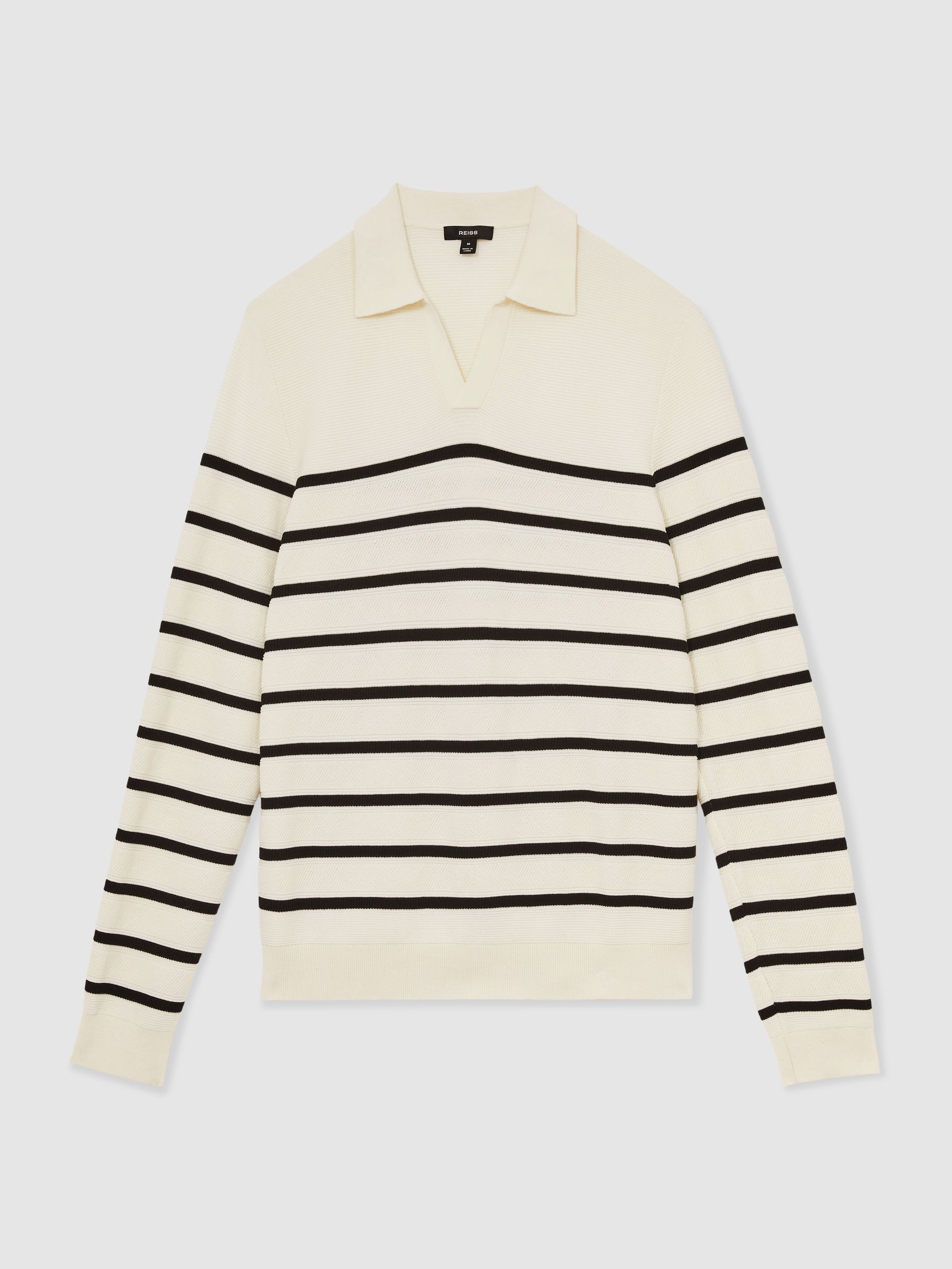 Cotton Blend Stripe Knit Polo Shirt in Warm Stone/Black