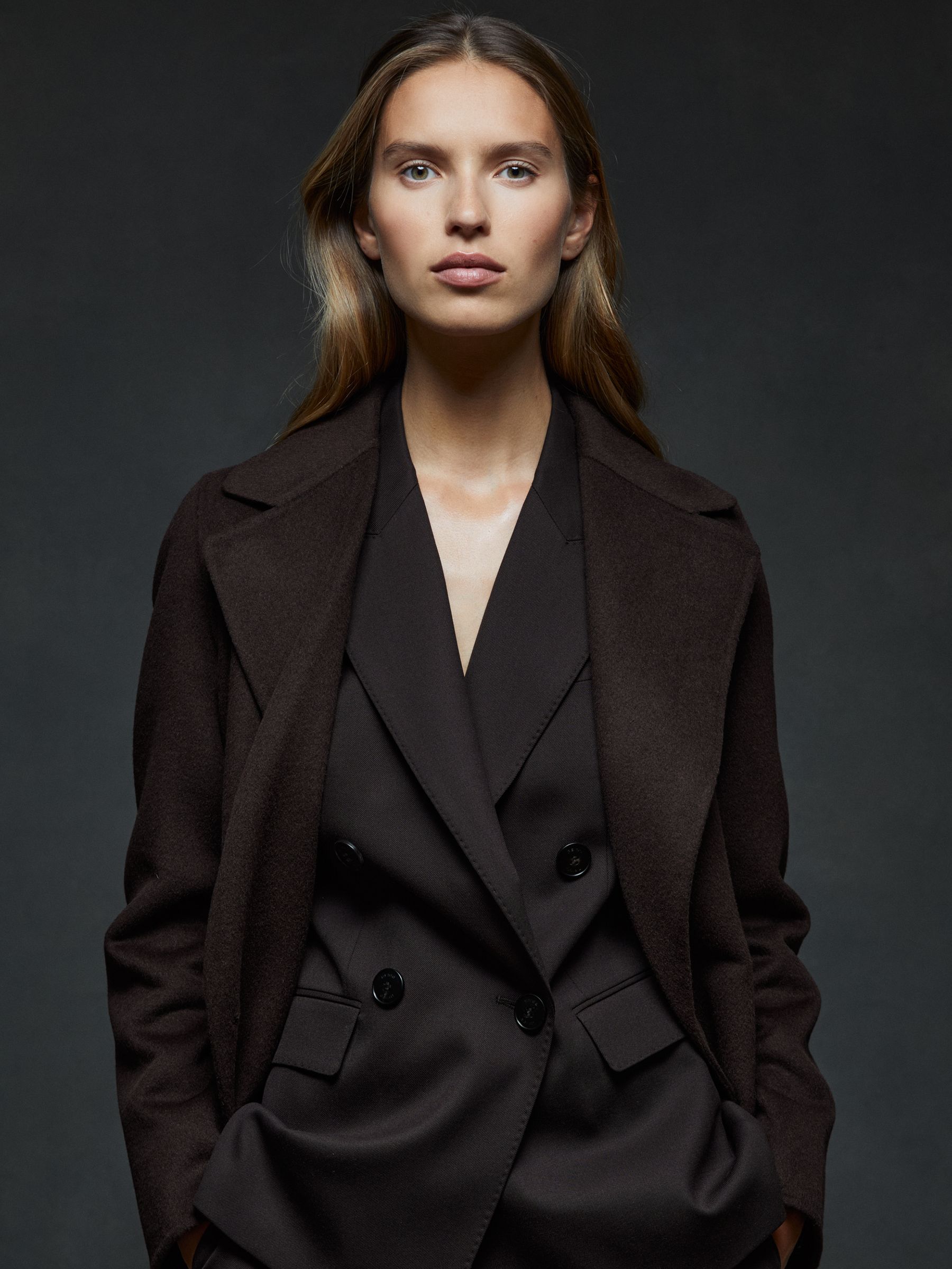 Petite Double-Breasted Blindseam Coat Wool-Blend in Chocolate