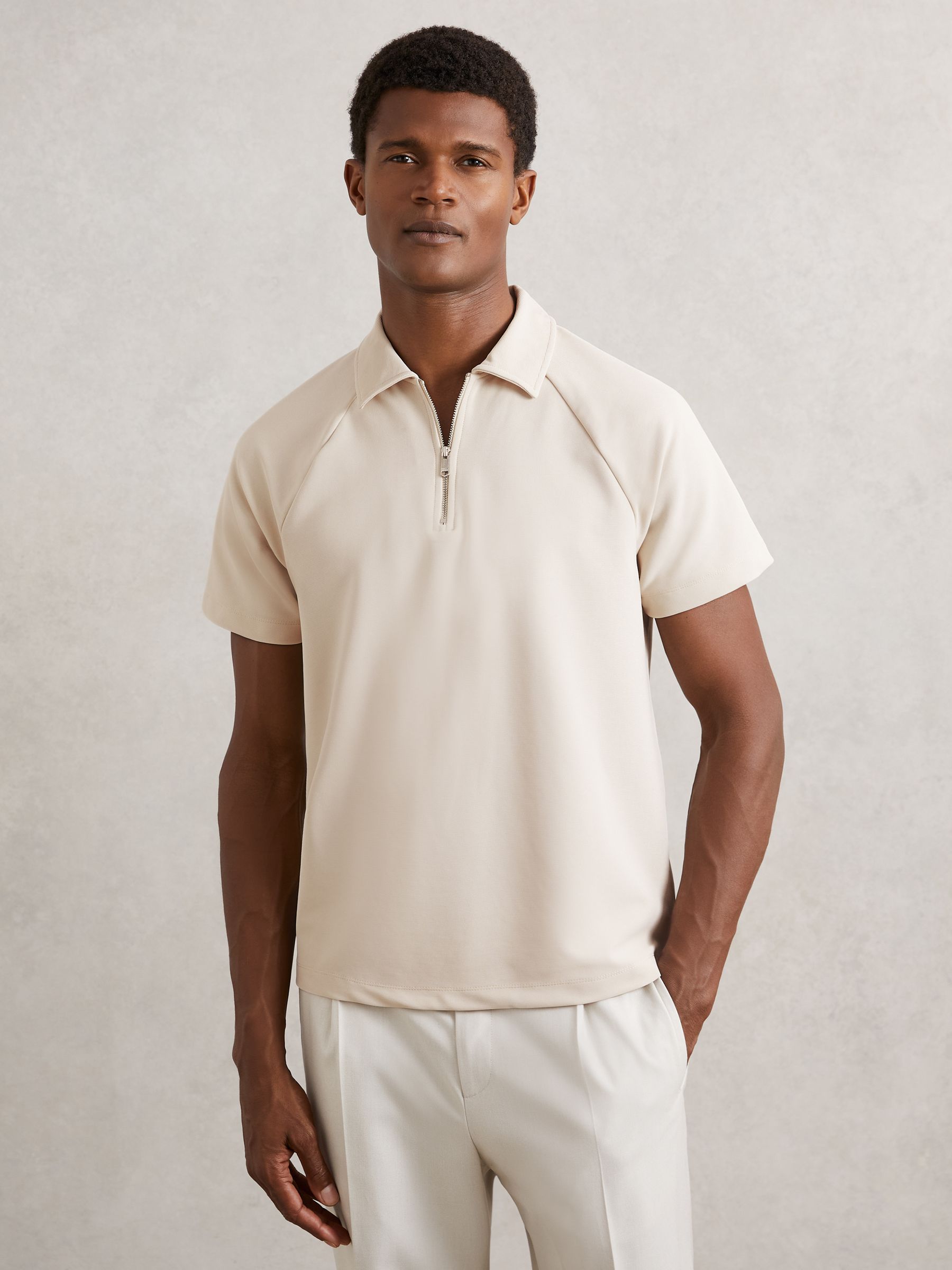 Textured Raglan Half-Zip Polo Shirt in Stone