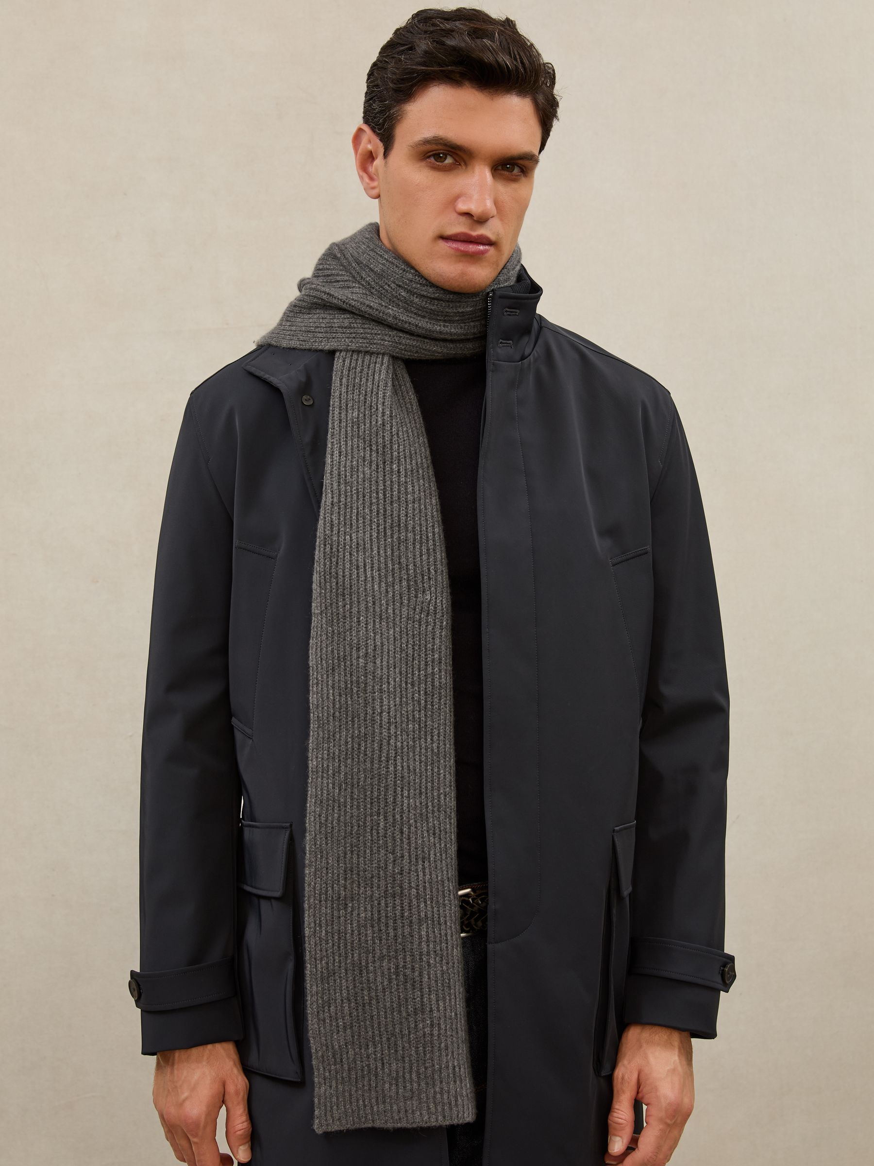 Atelier 100% Cashmere Rib-Knit Scarf in Mid Grey